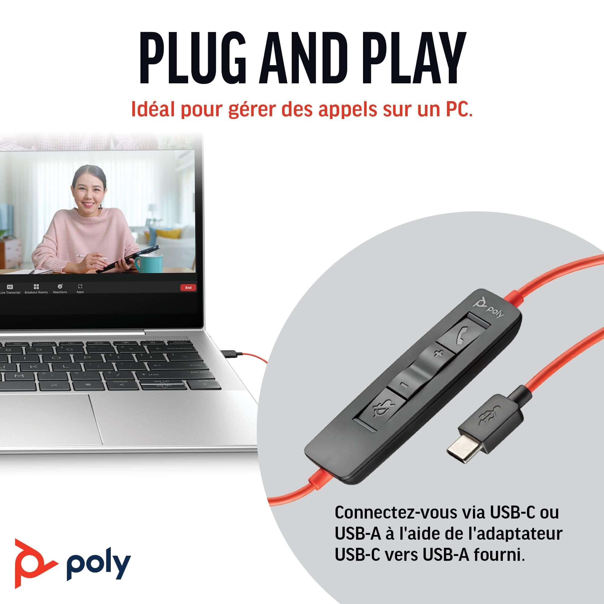 Micro-casque filaire Poly Blackwire 3210 – Microphone antibruit – Conception monaurale – Connexion à un PC/Mac via USB-C ou USB-A – Fonctionne avec Teams, Zoom