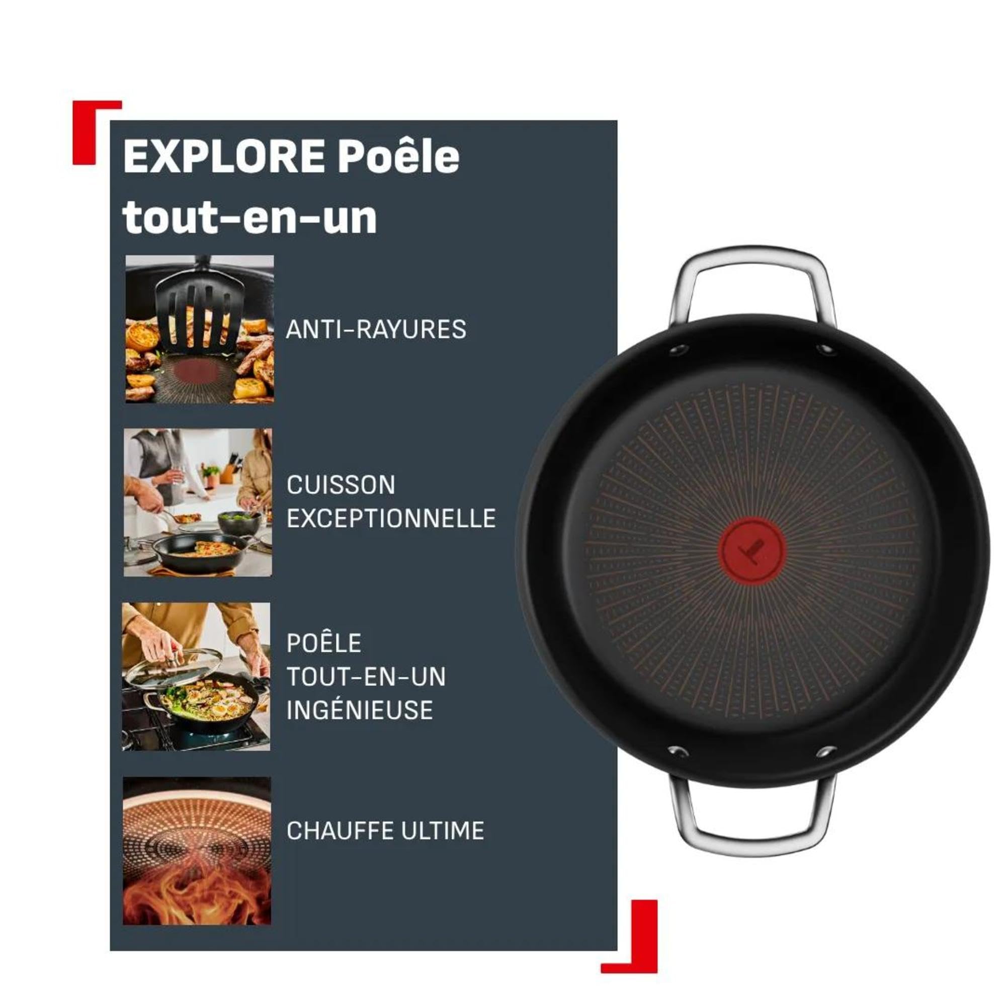 Tefal Explore, Poêle tout-en-un 28 cm + couvercle, Revêtement antiadhésif FusionCore, Induction