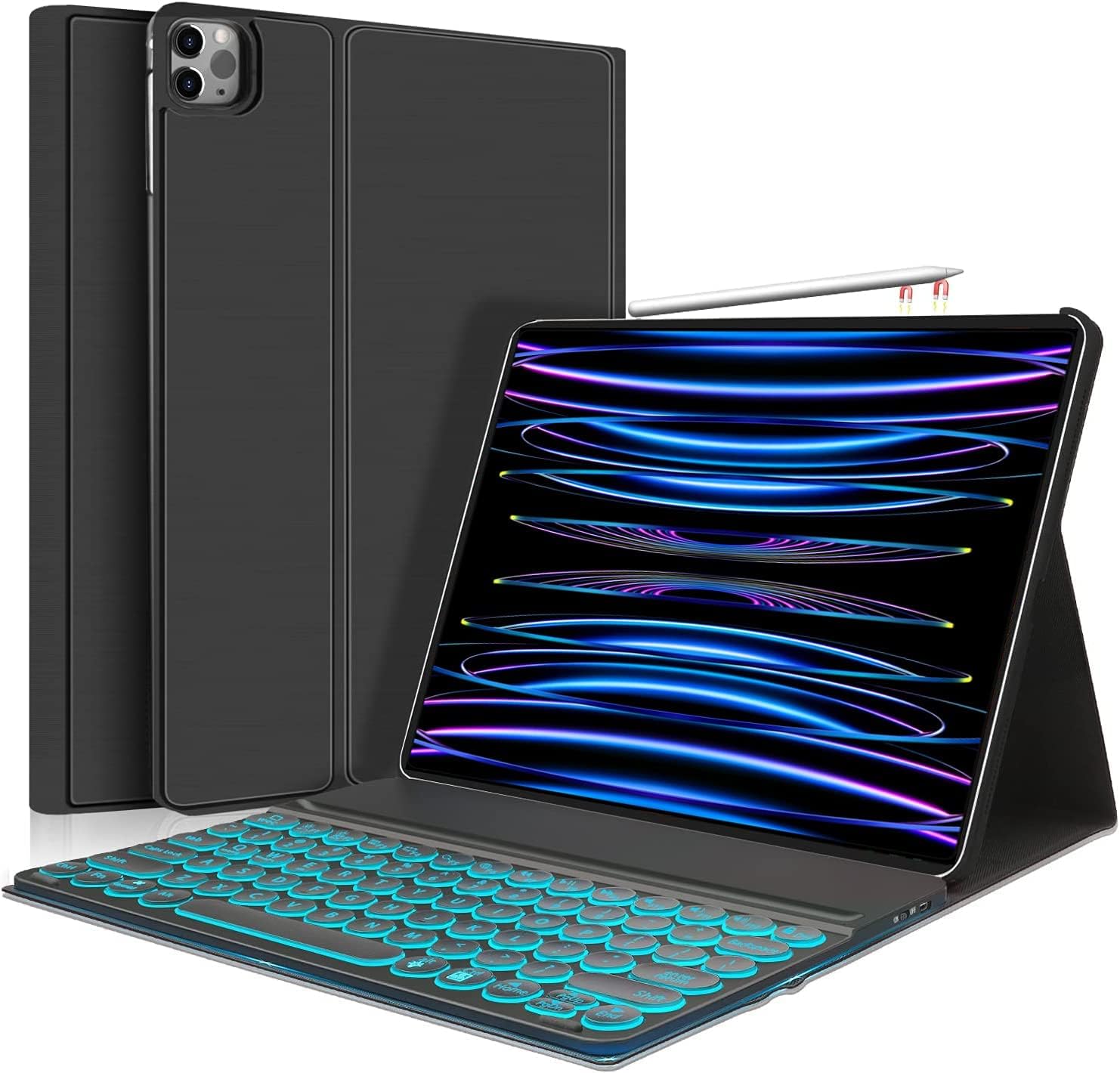 New iPad Pro 12.9 2022 6th Gen/5th Gen 2021/2020 4th Gen/2018 3rd Gen Keyboard Case -7 Colors Backlit Detachable Keyboard Slim Folio Smart Cover for iPad Pro 12.9"[Support Apple Pencil Charging]-Black
