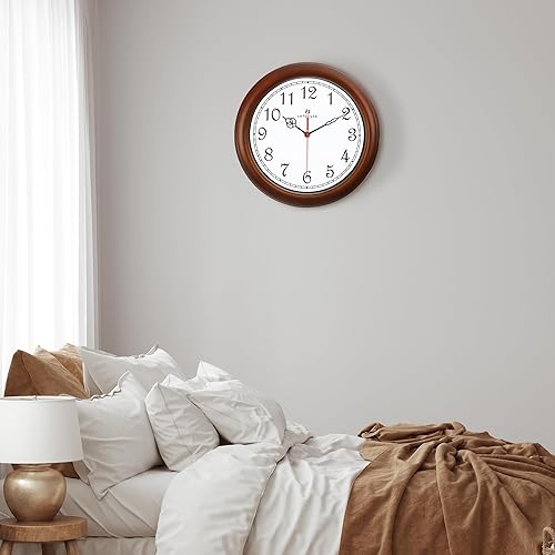 Miniatura 4 de Lafocuse Reloj de pared de madera maciza marrón silencioso de 12 pulgadas, funciona con pilas, reloj de pared clásico analógico para decoración de