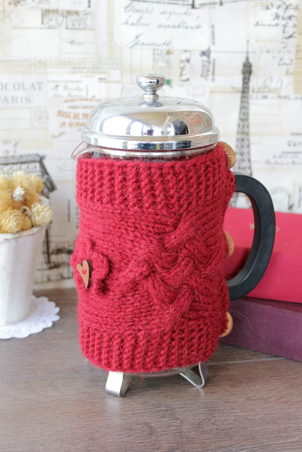 Knit French Press Cozy Red Wool Handknit Flower Cover Tea Pot