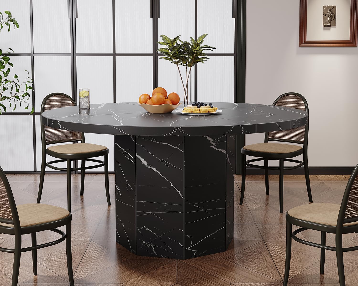 HSH Table Ronde 120cm Aspect Marbre 4 À 6 Personnes Salle À Manger Noir