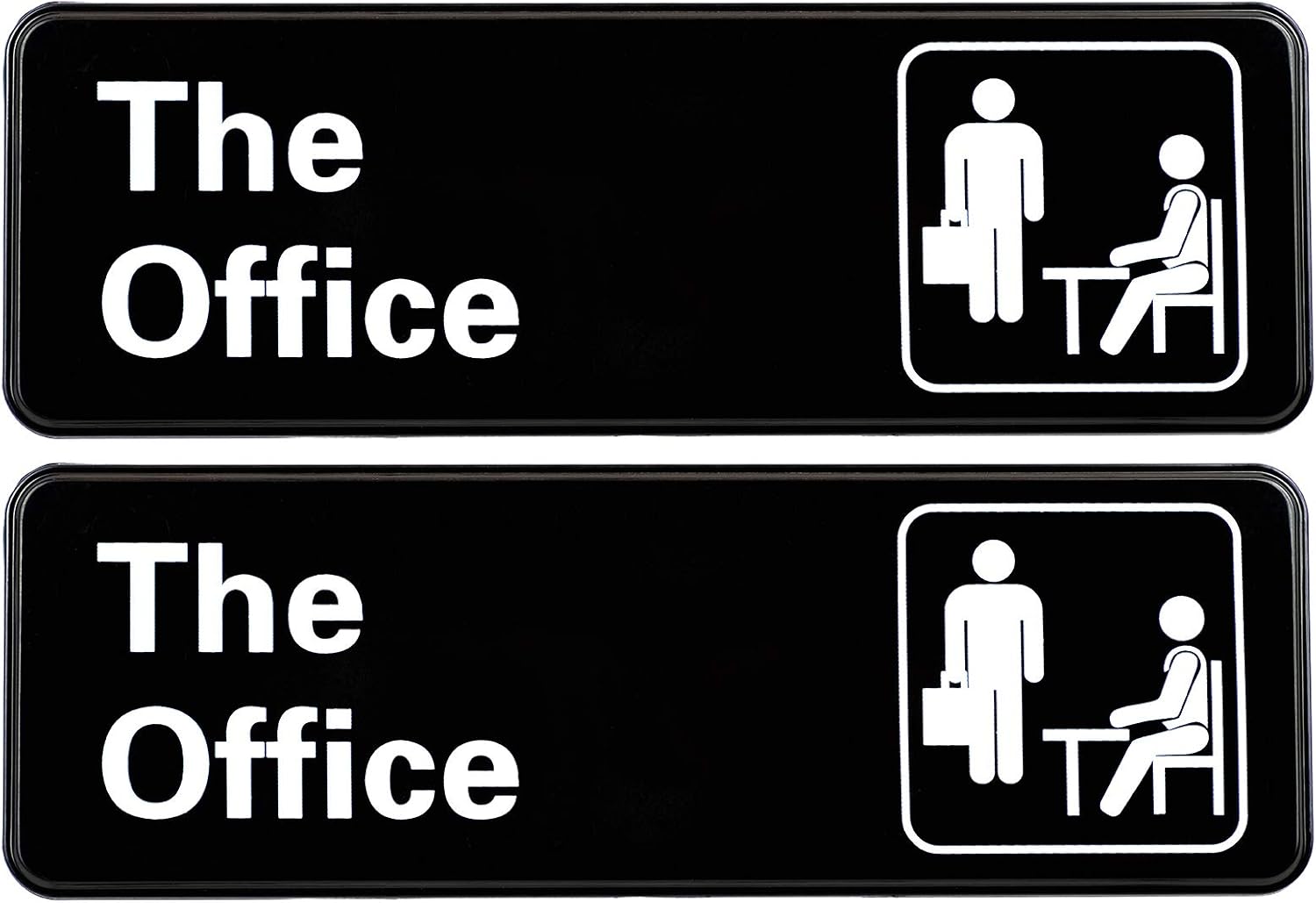 The Office Sign: Easy to Mount Informative Plastic Sign with Symbols, 9"x3" Sign 2-Pack (Black)