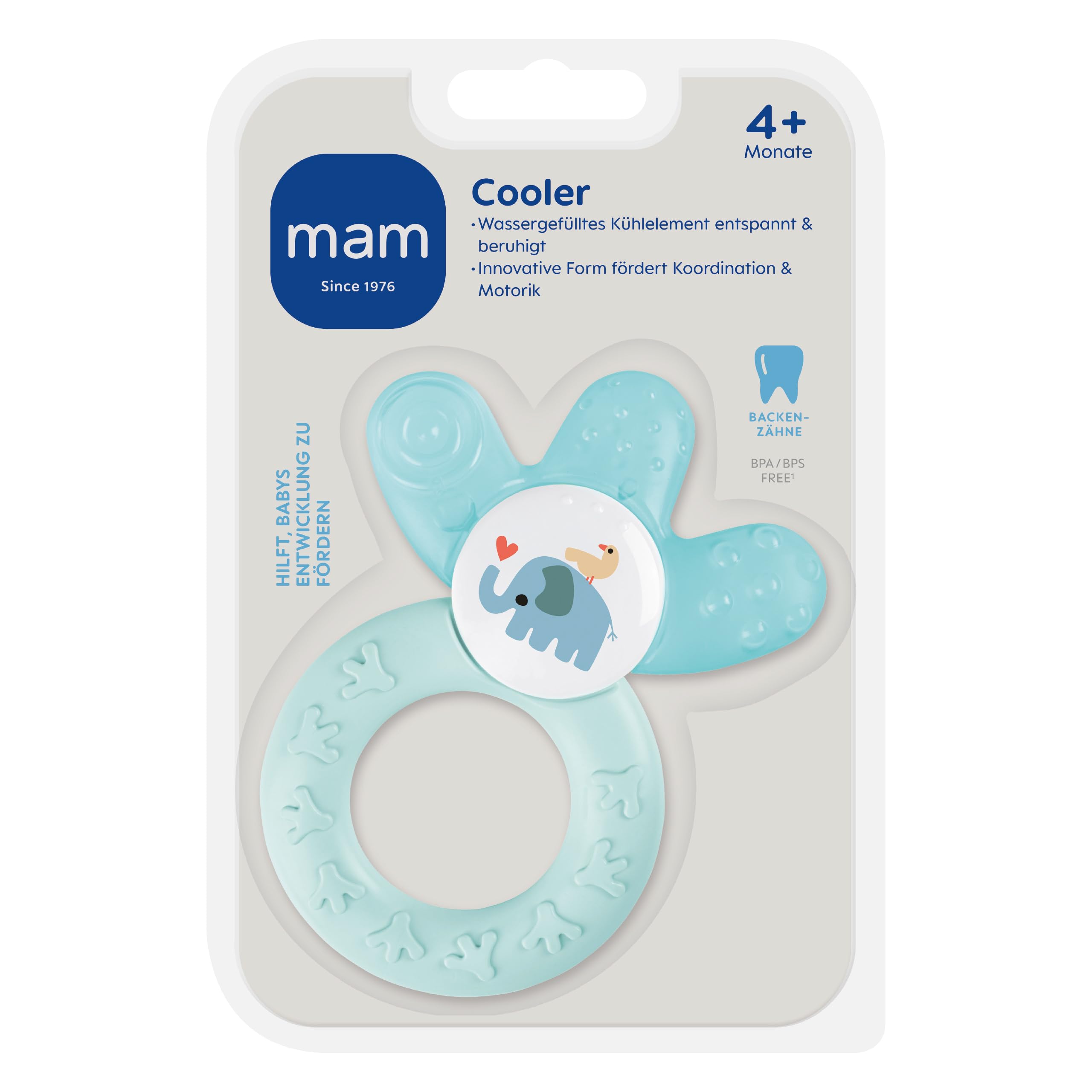 MAM Cooler, gryzak dla niemowląt wspomaga zmysł wzroku i motorykę, chwytak z częścią chłodzącą wodą dociera również do zębów trzonowych, od 4 miesięcy, turkusowy
