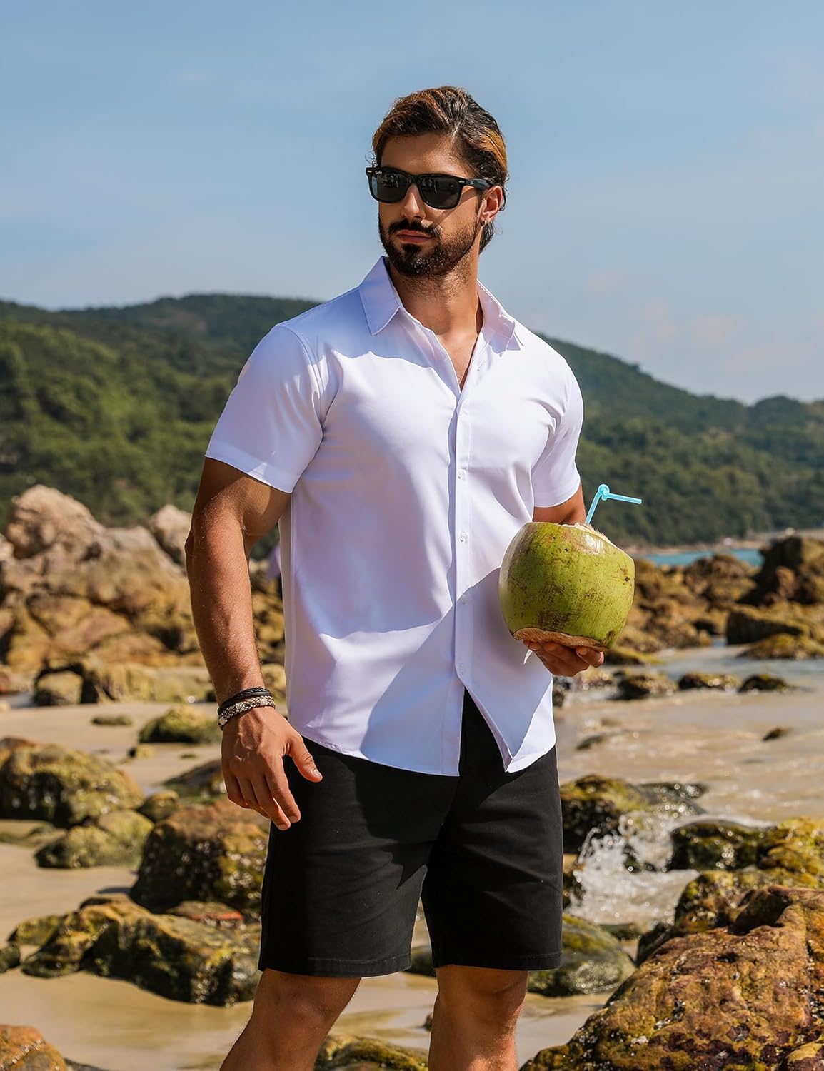 URRU Men's Muscle Dress Shirts Slim Fit Stretch Short Sleeve Casual Button Down Shirts for Men - Image 2