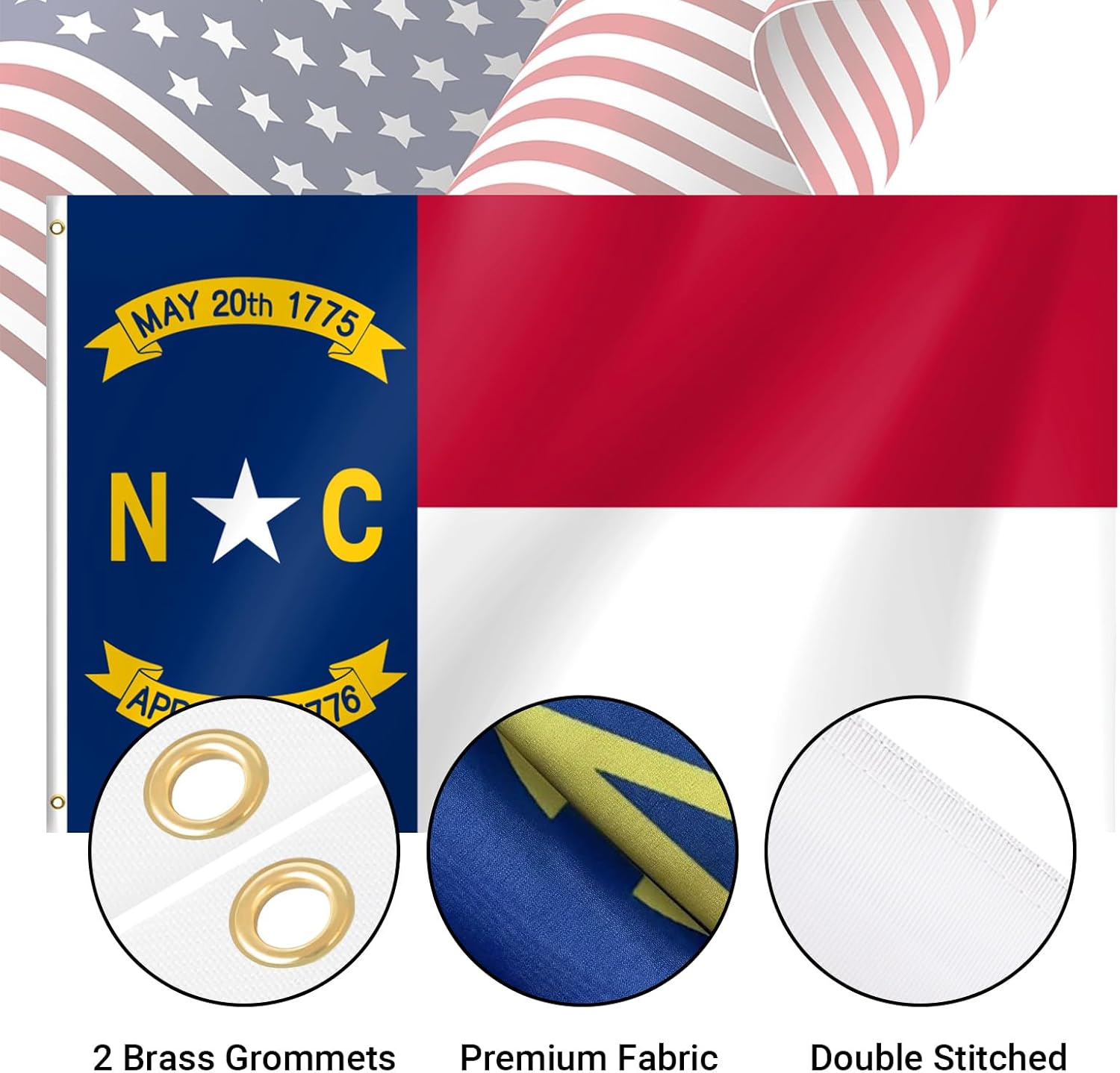 North Carolina Flag, 3x5 North Carolina State Flags with Brass Grommets, Ideal for Party Parades Sports Events Outdoor Decorations - Image 3