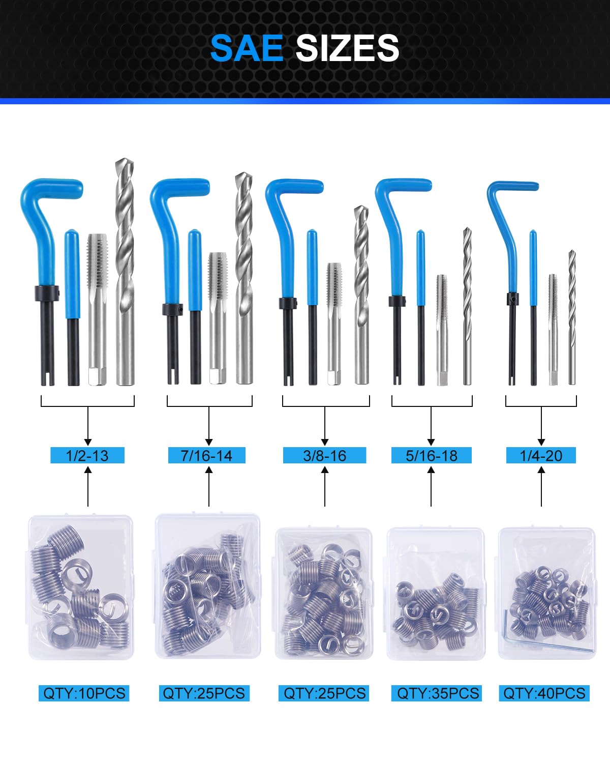 Kolvoii Kit de reparación de roscas helicoilares de 156 piezas, kit de helicoil SAE, brocas HSS, grifos e insertos de rosca, motor automotriz, bujía y herramienta de reenhebrado de maquinaria