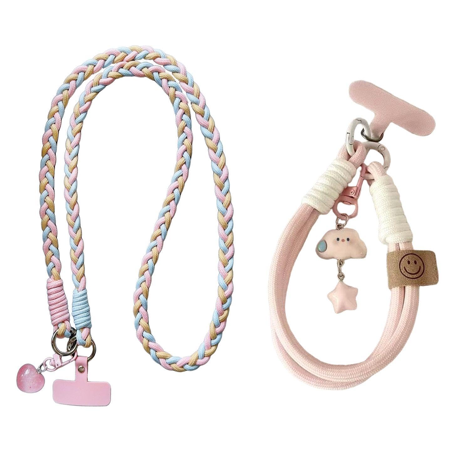 Rnfksu Gray Pink Blue 1 Three-Strand Pink-Blue Mobile Phone Lanyard And 1 Pink-White Mobile Phone Short Rope, Anti-Lost Wristband Mobile Phone Chain, Cute Pendant Accessories, Suitable For Smart Phones.