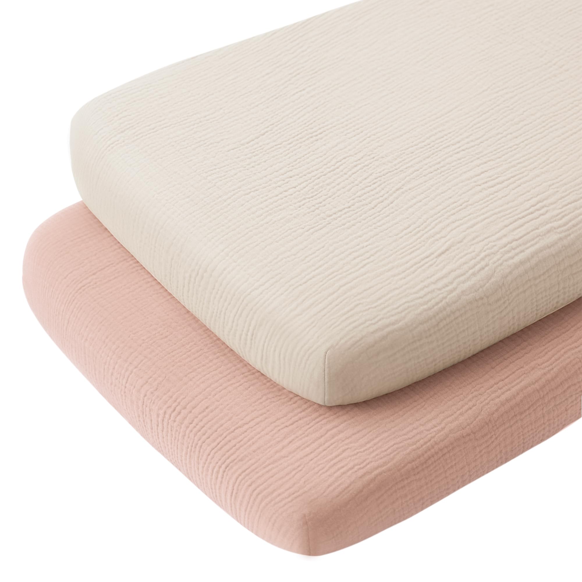 Konssy 2er-Pack Musselin Korbbezug für Baby Mädchen Jungen, 83 cm x 53 cm | 100% Baumwolle, weiche Körbchenbettchen, geeignet für Babyfreude, Traum auf mich, rechteckige Bettmatratzen (rosa, creme)