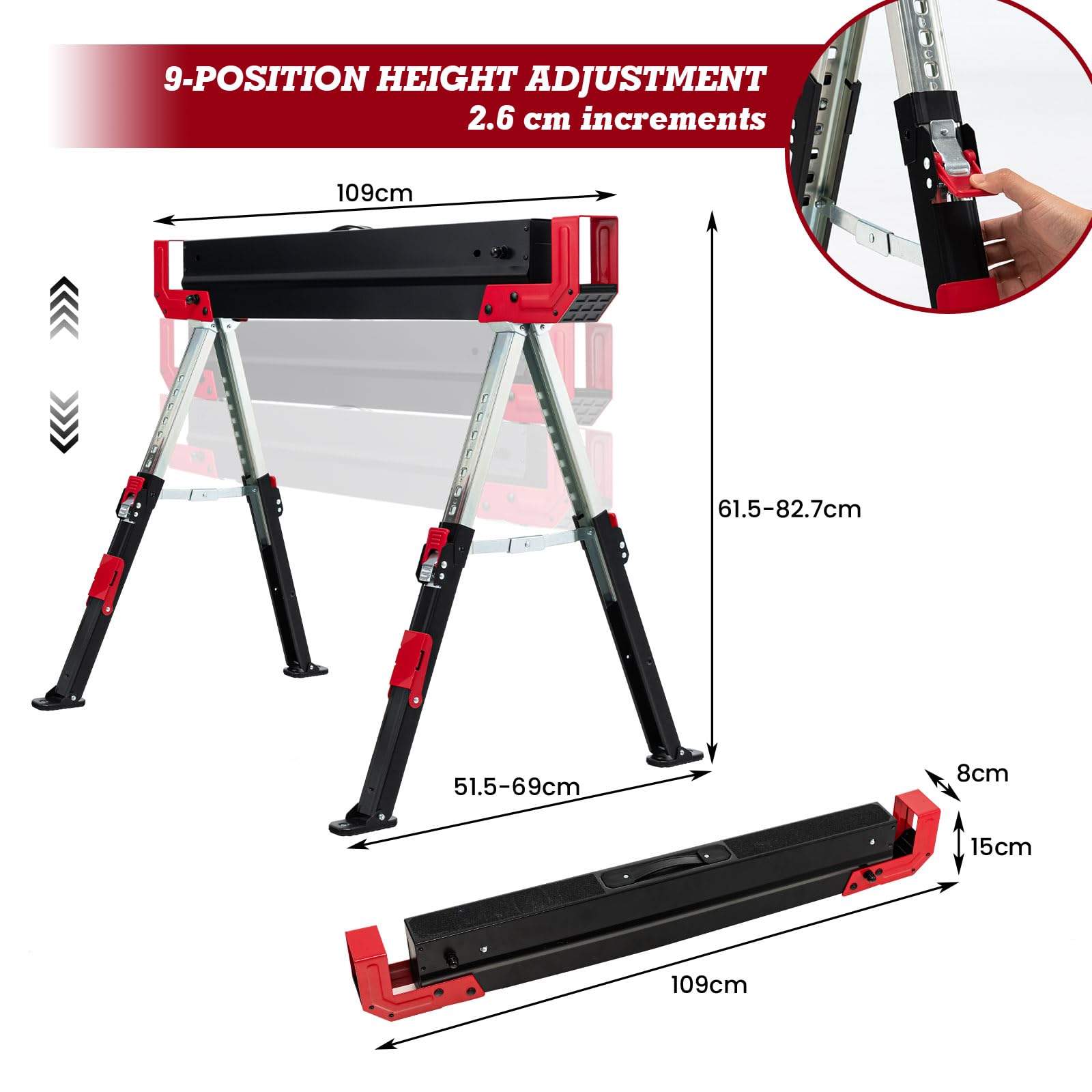 SOARS Lot de 2 Tréteaux, Tréteau Pliable Métallique Charge Max 1180 KG, Hauteur Réglable, Surface de Travail Antidérapante, Supports Dépliables & Poignée de Transport (Noir+Rouge)