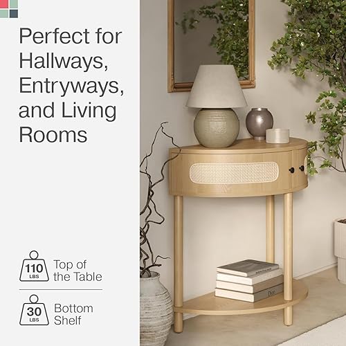 Miniatura 4 de Mesa de entrada de ratán de media luna, mesa consola pequeña con almacenamiento para espacios estrechos, decoración moderna del hogar, mesa de