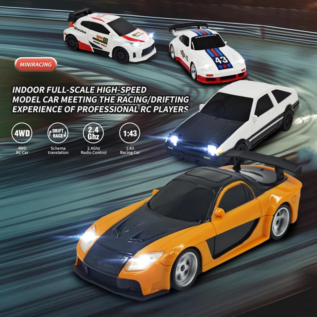 Actualia 1/43 Scale RC Mini Drift Car With Lights - 2.4G Remote Control, 4WD, Ready To Run