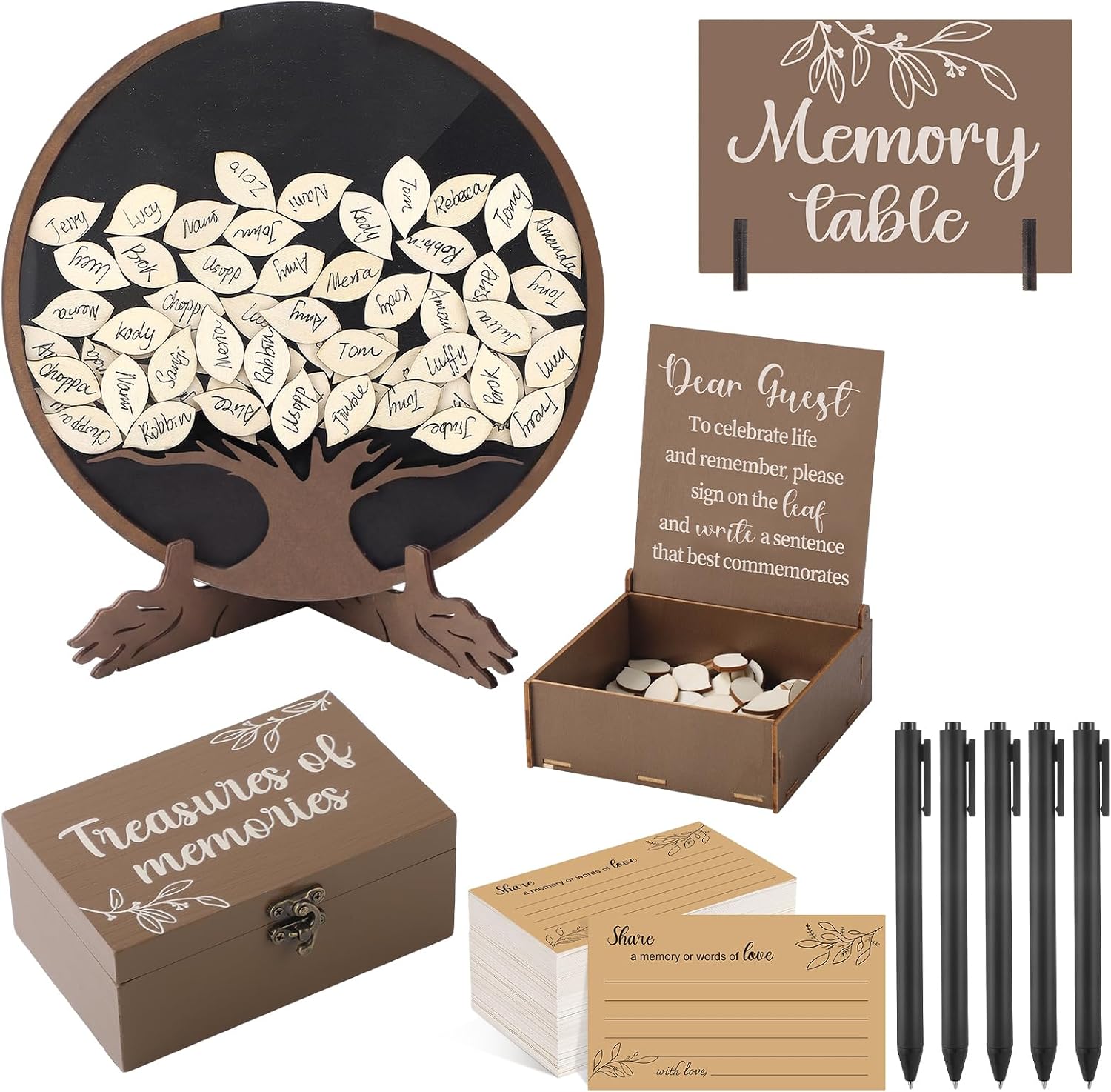 Amyhill 171 Pcs Celebration of Life Decorations Funeral Guest Book for Memorial Service Share a Memory Cards Box Memorial Gifts for Funeral Keepsake Wedding Birthday Graduation(Tree,Brown)
