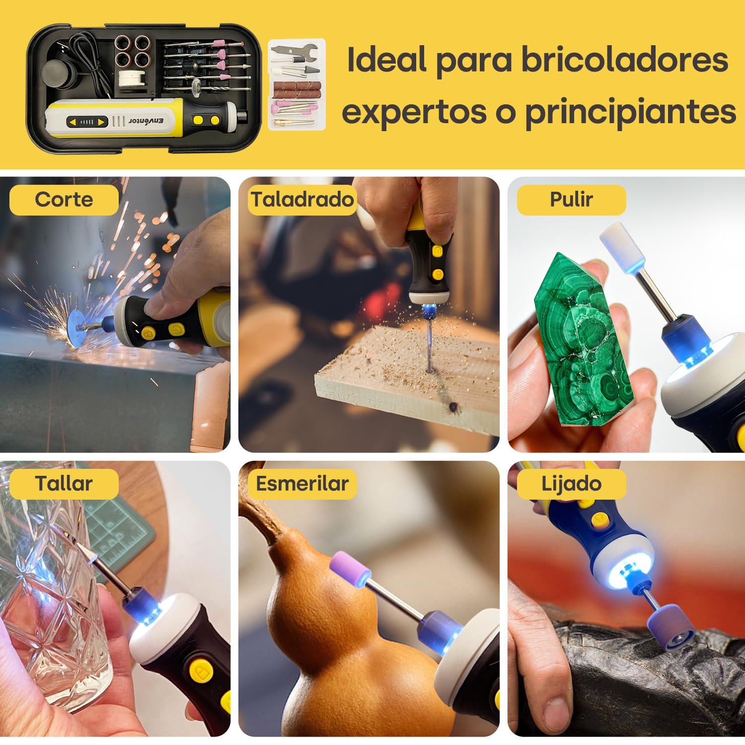 Enventor Mini Amoladora Bateria 8V con 80 Accesorios, Mini Herramienta Rotativa Multifunción con 5 Velocidades Ajustables, 5000-28000RPM, Carga USB, para Grabar, Aamolar, Pulir, Taladrar