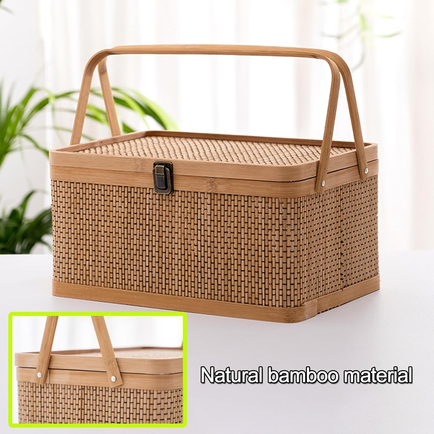 Bamboo Basket with Lid, Vintage Wicker Picnic Basket, Natural Material, Suitable for Gift Giving and Camping