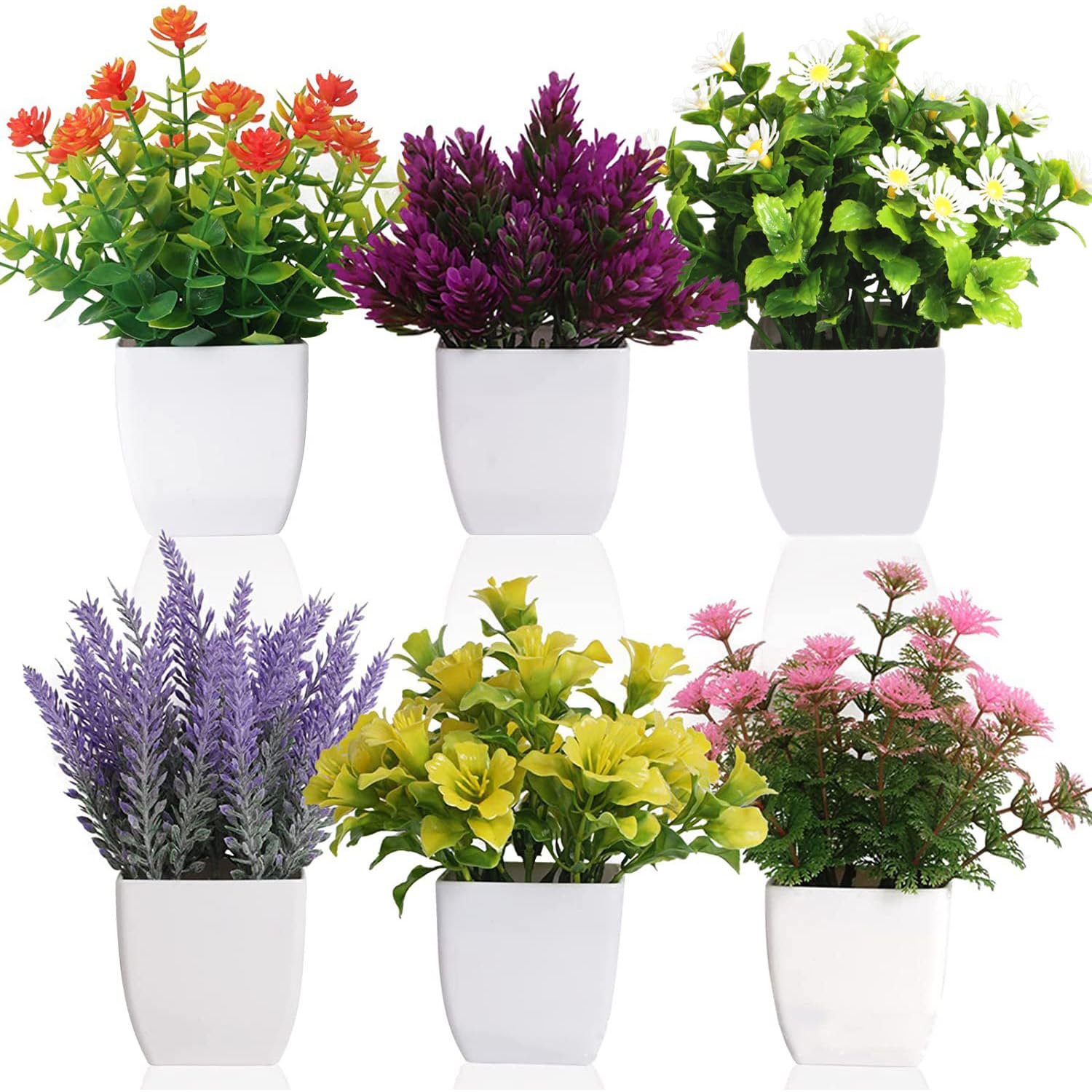Confezione da 6 piante artificiali in vaso, piccole piante finte da interni, con vaso di plastica, per casa, ufficio, scrivania, tavolo, decorazione (fiore)
