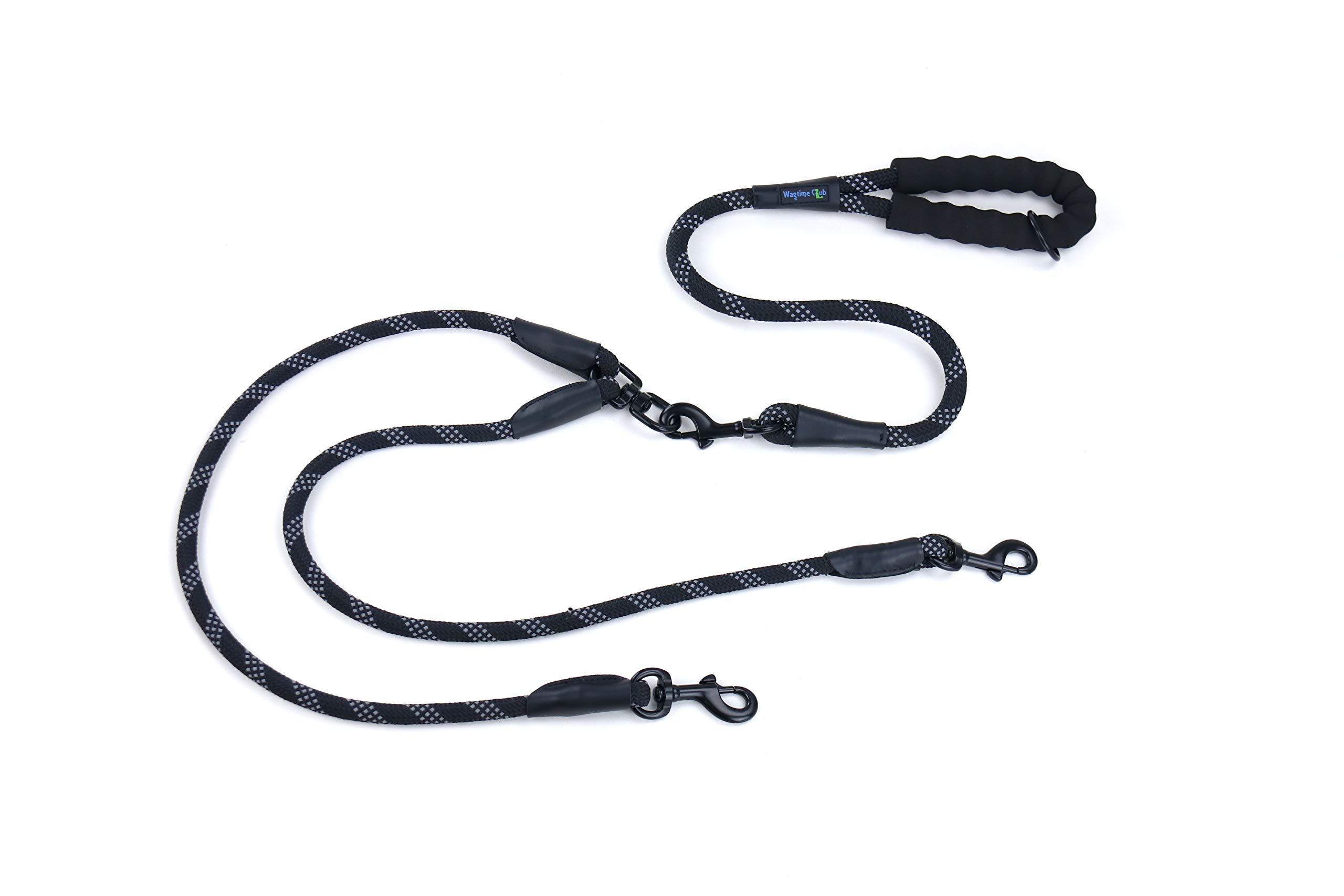 Wagtime Club Double Dog Leash with Soft and Thick Handle - 2 Dog Leash - Reflective Premium Strength - Black