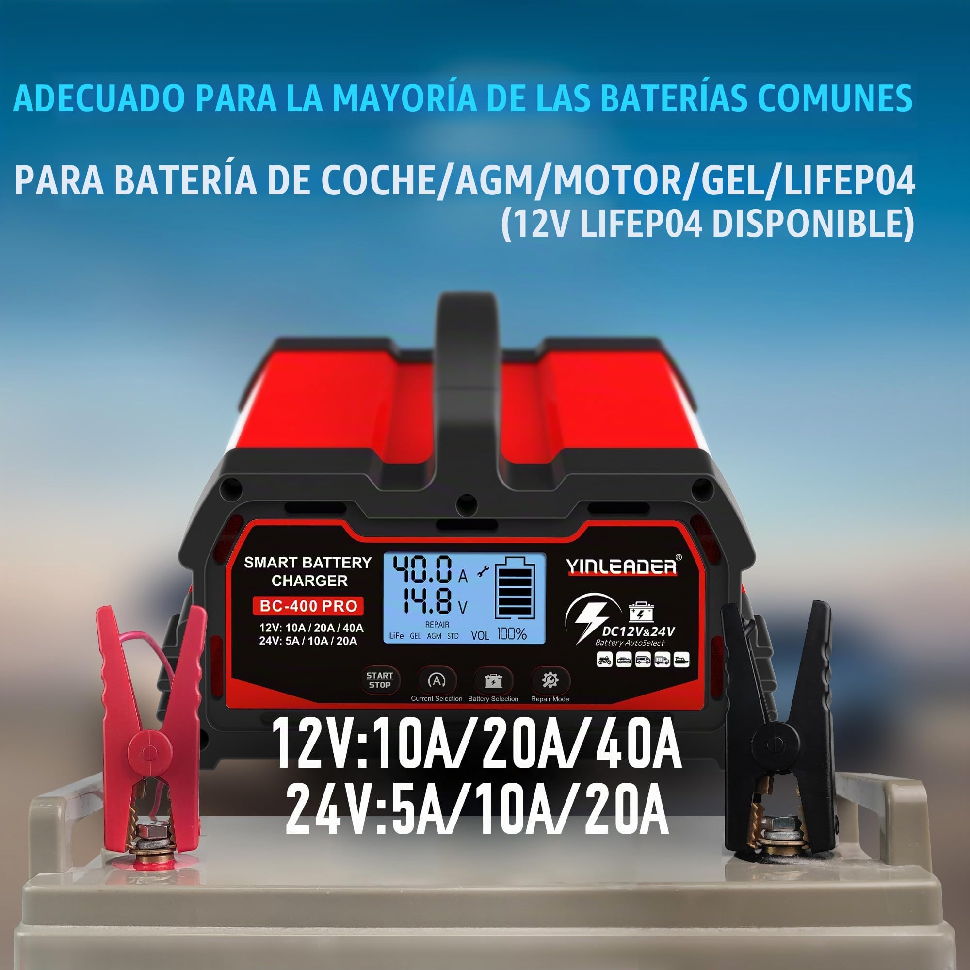 Cargador de batería para automóvil 40A 12V/24V 20A /10A Cargador de batería para automóvil Cargador Inteligente automático con Pantalla LCD, para batería de automóvil y Motocicleta y 12V LiFePO4