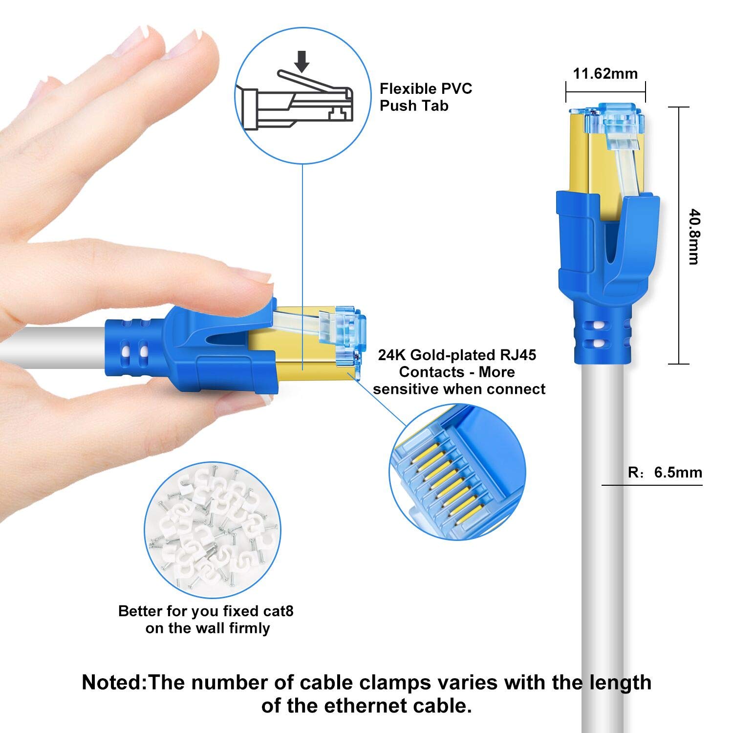 AOPOCKAN TECH Cavo Ethernet Cat 8 da 18,3 m, per esterni e interni, resistente alle intemperie, 26 AWG, 40 Gbps, 2000 MHz, cavo di rete LAN Cat8 con connettore RJ45 placcato oro, resistente ai raggi