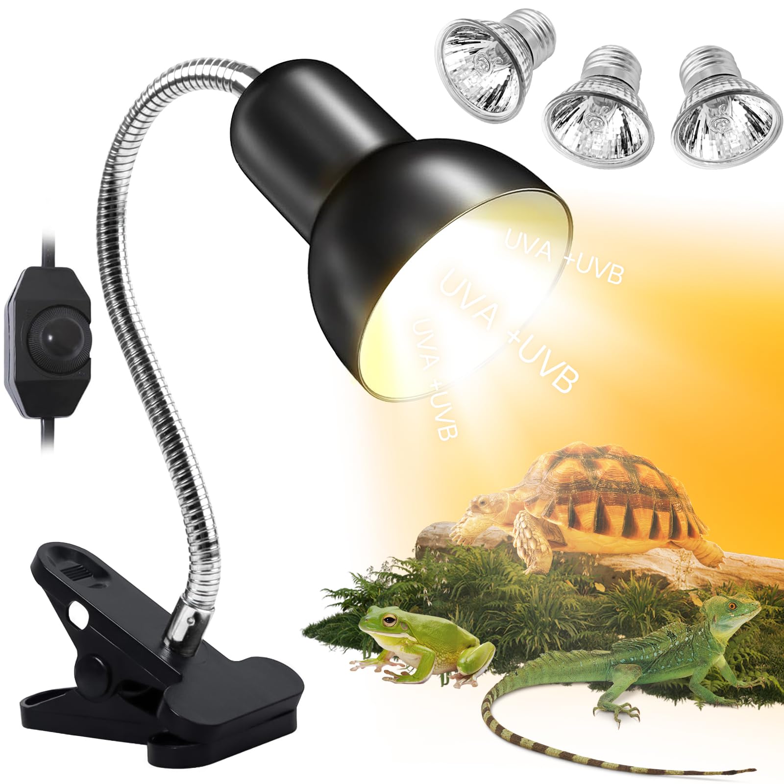 Lampe Chauffante Tortue avec 3 Ampoules UVA UVB 25W 50W, Lampe Chauffante pour Reptiles avec Pince Pivotante à 360 ° adapté pour Tortue, Serpent, Lézard, Cacatoès, Caméléon