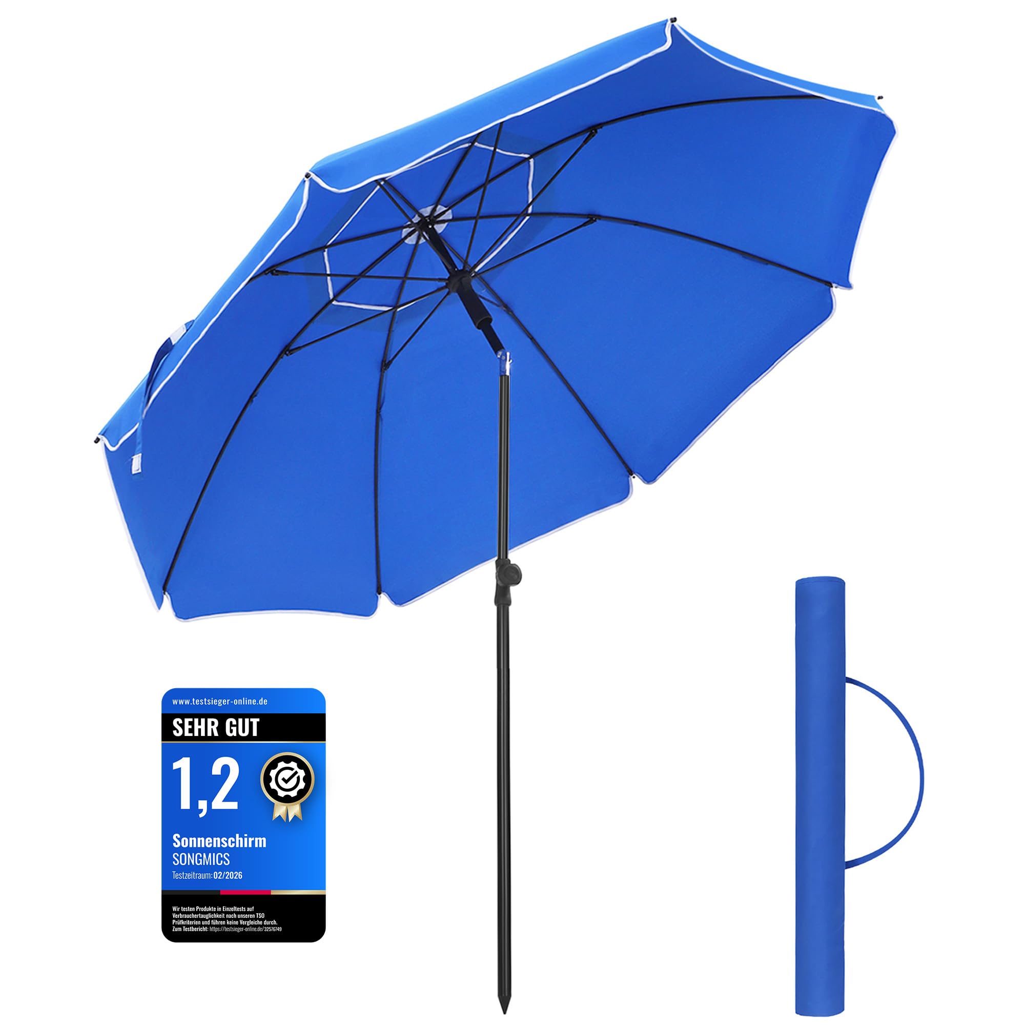 SONGMICS Sonnenschirm 160 cm, Sonnenschutz UPF 50+, um 30° in 2 Richtungen neigbar, höhenverstellbar, mit Tragetasche, für Balkon, Garten, Terrasse, Strand, ohne Sockel, Blau GPU60BU