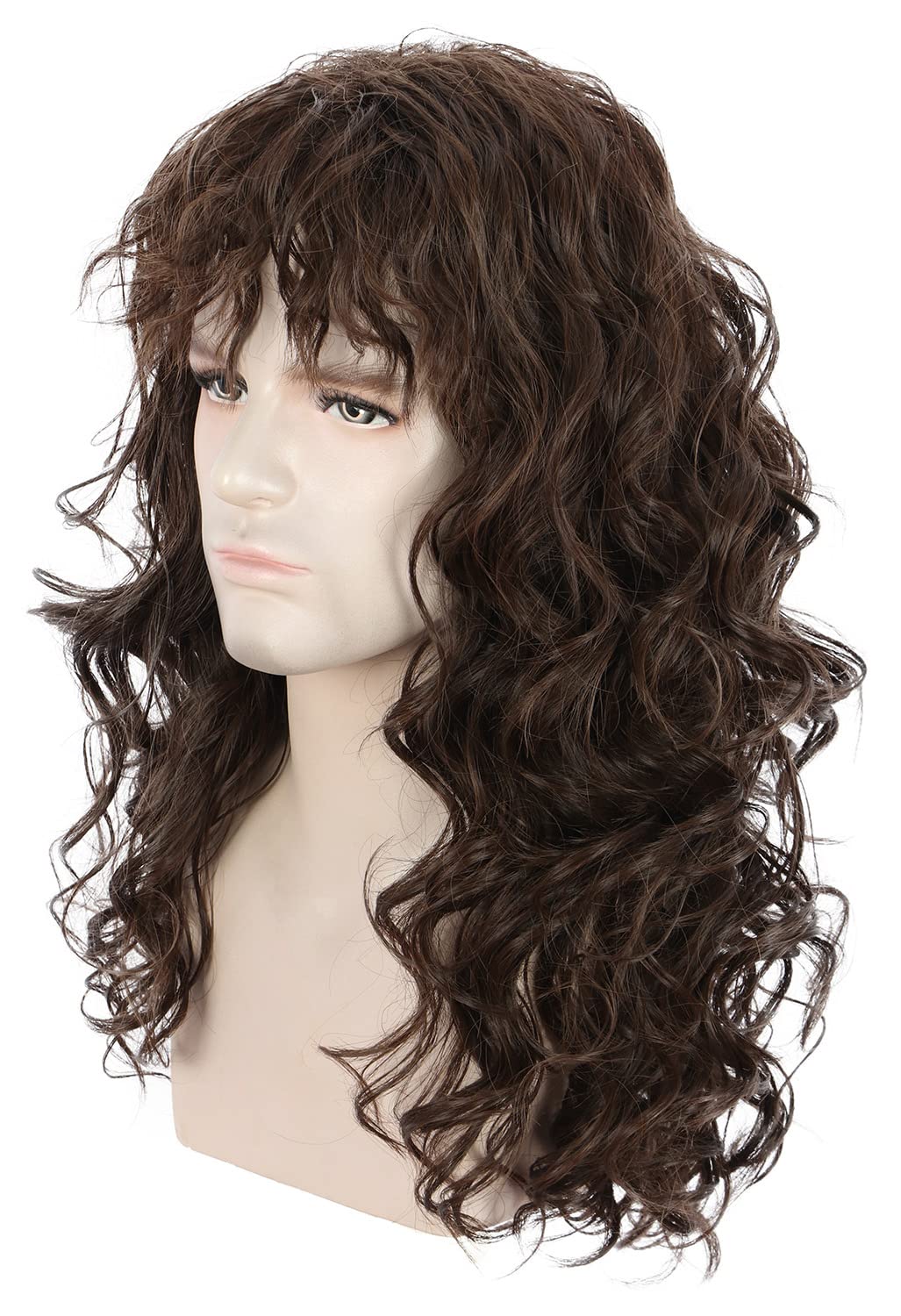 Karlery Men Long Brown Wave Wig with Bandana 80s Heavy Metal Punk Rocker Costume Wig for Cosplay Party, 23 inches - Image 4