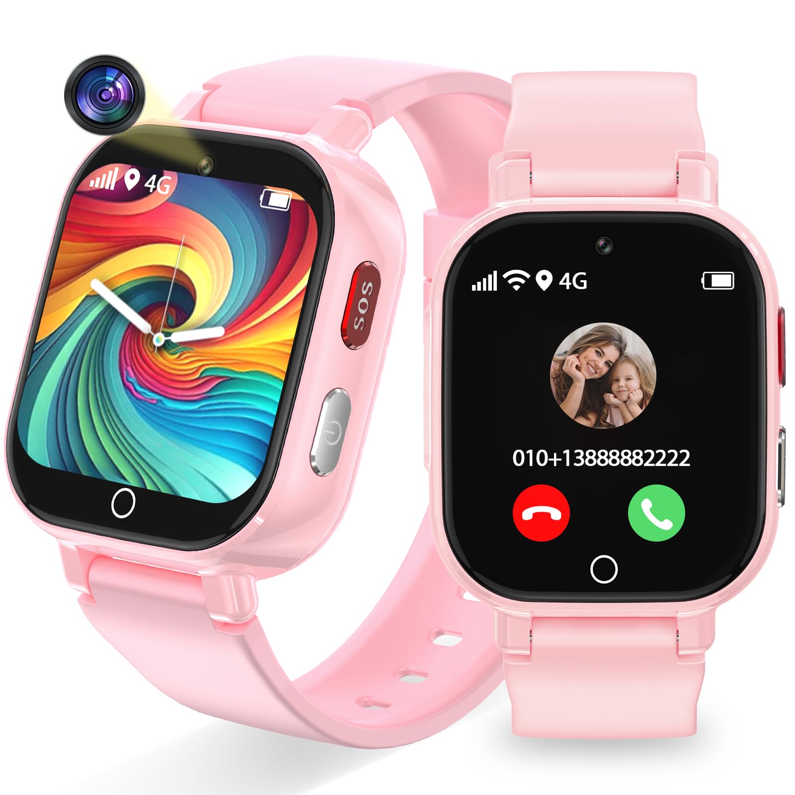 Smartwatch Bambini, Orologio Bambina con GPS, IP68 Smartwatch Bambino Chat Video/Vocale/WIFI/Ricezione SMS SOS Modalità Scuola Piccolo Orologio per Bambini, Regali Bambino Dai 4 Anni in Su, Rosa