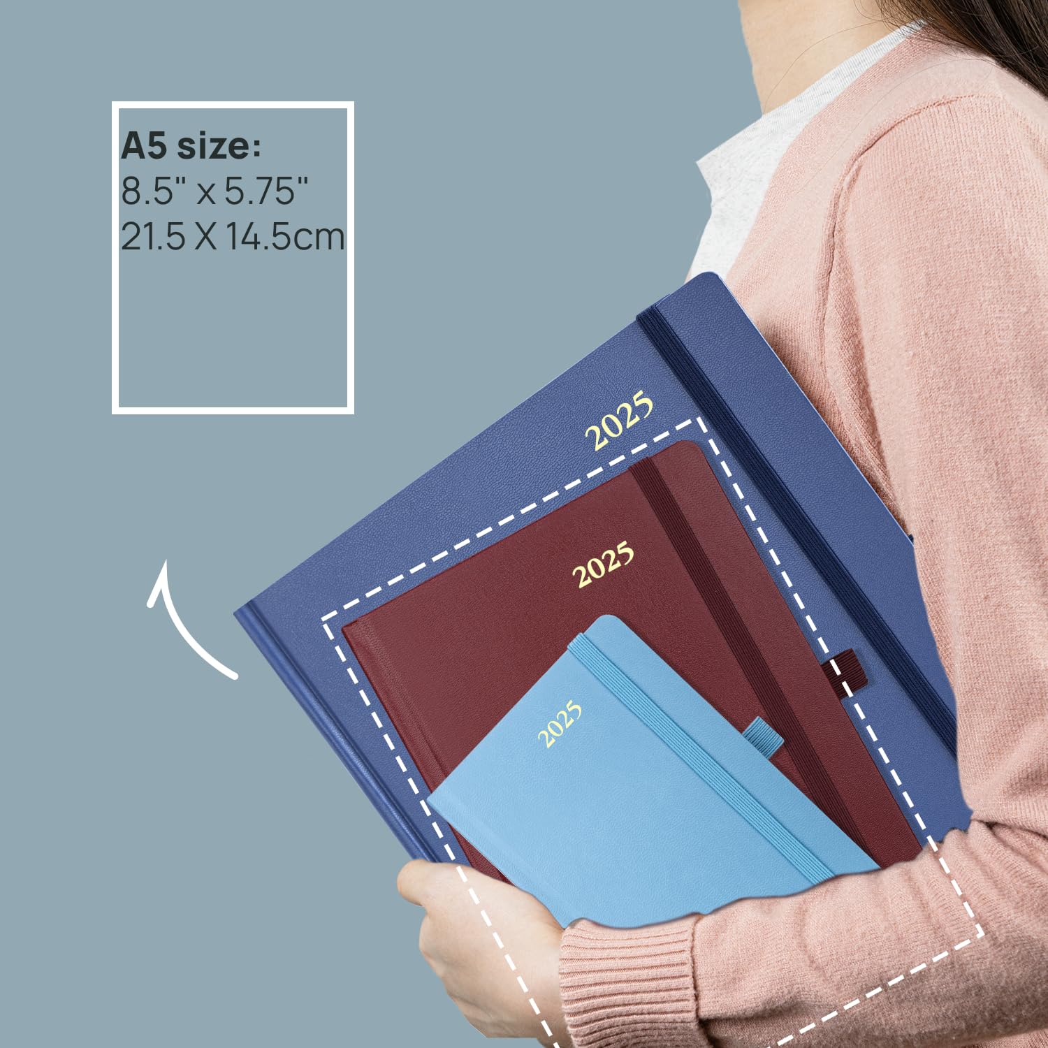 POPRUN Agenda 2025 Giornaliera, Copertina Rigida, 21,5 x 14,5 cm, 1 Giorno 1 Pagina con Intervallo Orario e Angoli a Strappo, Carta Spessa da 80 GSM, Blu Foschia
