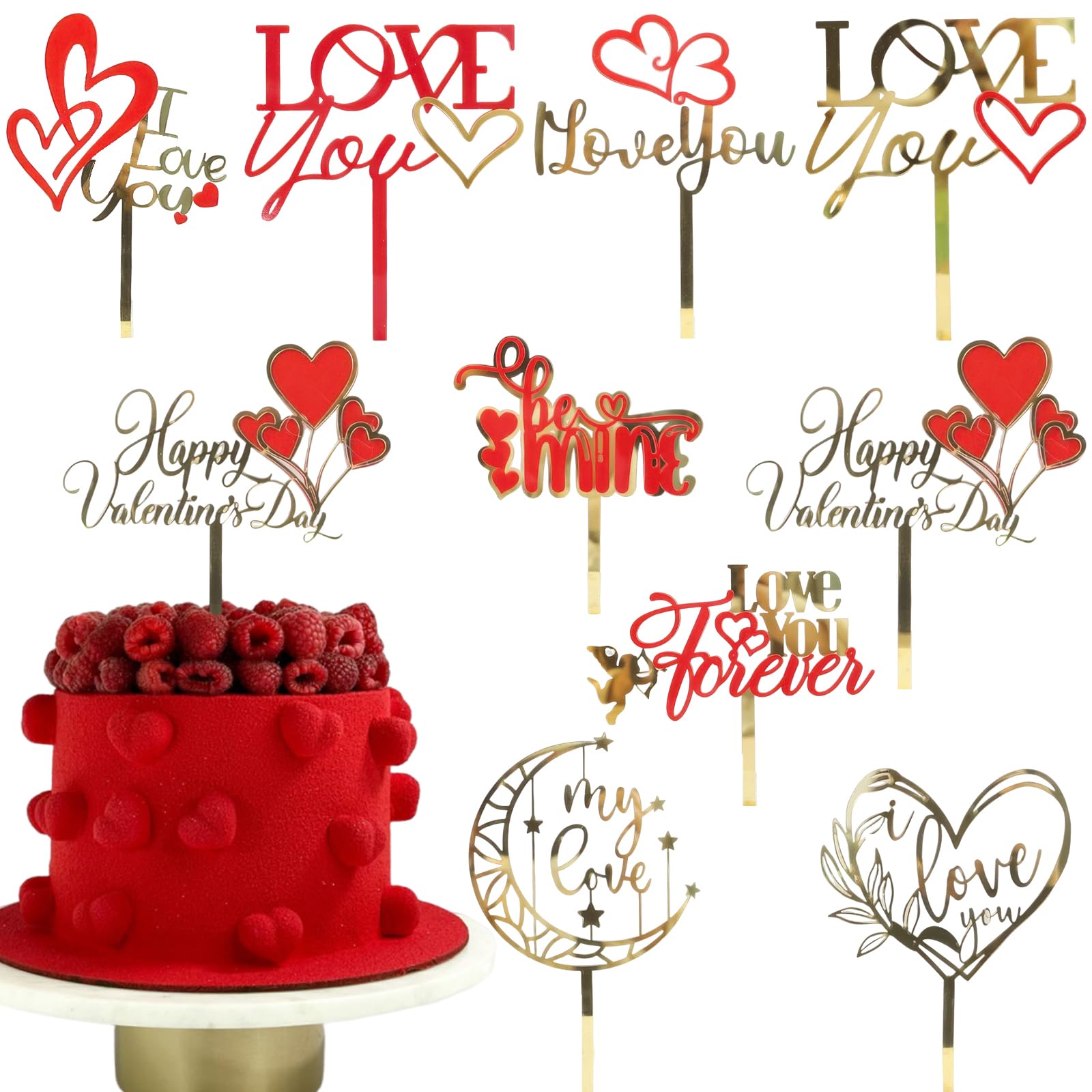 9 Pcs Happy Valentine's Day Cake Toppers Gold Red Acrylic Love Heart Cake Topper Picks Cake Decoration for Anniversary Wedding Bridal Shower Party Theme Cake Desserts Decor Supplies