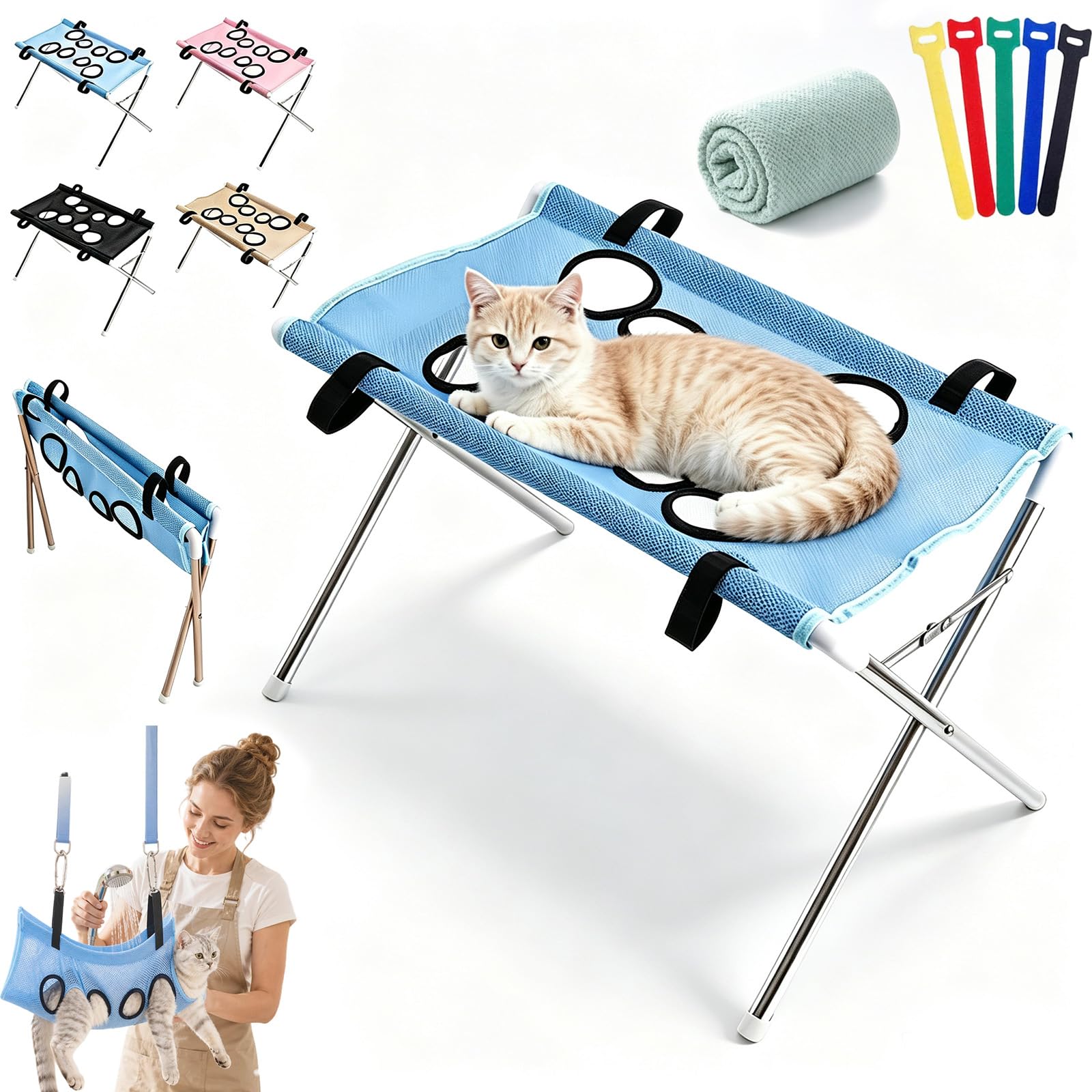 Pet Grooming Stand with Removable Mesh Hammock for Cats & Small Dogs (Blue)