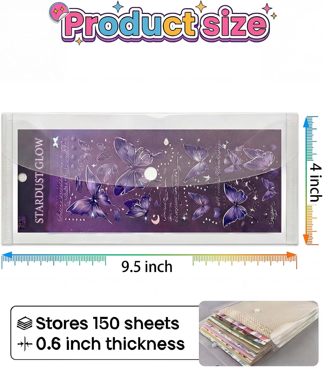Sticker Organizer, Clear Plastic Envelopes with Snap, 12 Pack Waterproof and Durable for Sticker Storage, Scrapbook Storage, Washi Tape, Scrapbooking & Stamping Supplies (9.5 x 4 Inches)
