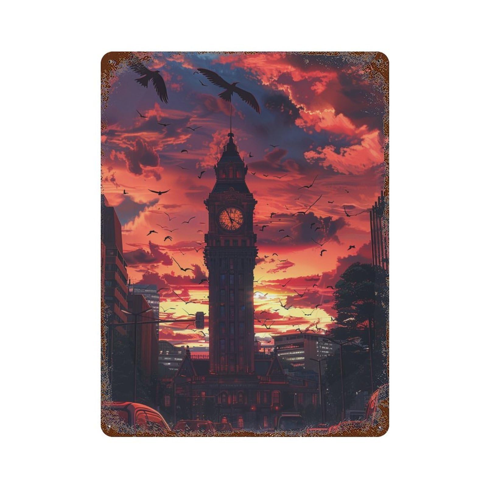 Cityscape with Clock Tower at Sunset Vintage Wall Sign 15.7"x11.8", Rust Effect Metal Decor for Shed, Workshop And Garage Wall Decor