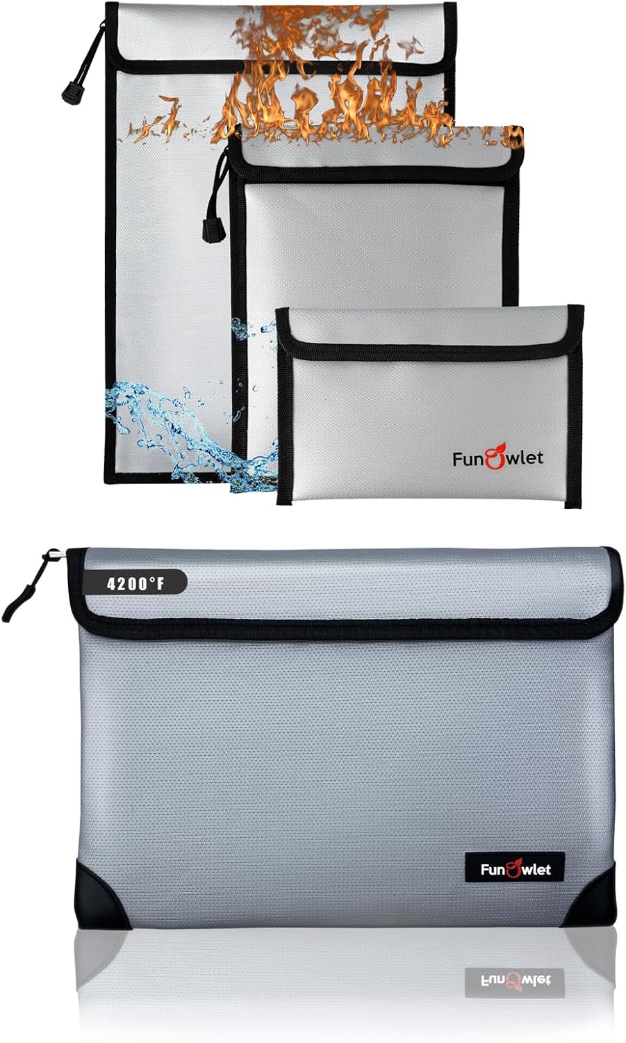 Fireproof Safe Money Document Bags - 4 Pack Waterproof Zipper Bag, Fire & Water Resistant Storage Organizer Pouch for A4 A5 Documents Holder,File,Cash,Passport,Tablet