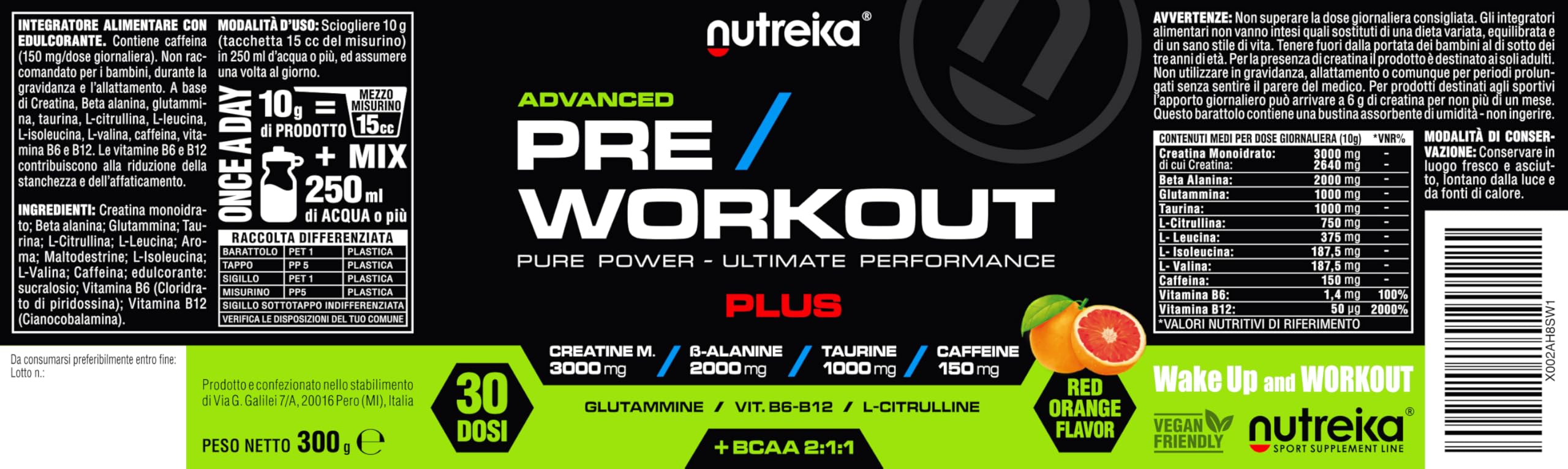 Nutreika Pre Workout Potente + Creatina Monoidrata Pura - 30 Dosi | Preworkout Forte in Polvere Concentrata 300g - Energia, Forza, Focus per Palestra, Clean Formula Made in Italy