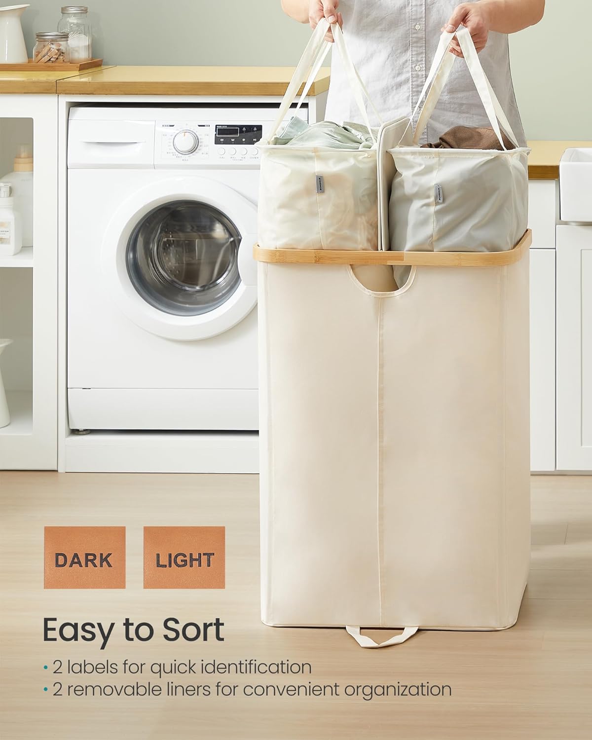 SONGMICS Laundry Hamper with Lids, Laundry Basket with 2 Compartments, 39 Gal. (150 L), Removable Liner Bag, for Laundry Room, Bedroom, Living Room, Cream White and Light Bamboo ULCB523W01