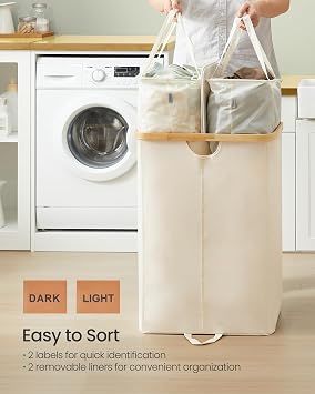 SONGMICS Laundry Hamper with Lids, Laundry Basket with 2 Compartments, 39 Gal. (150 L), Removable Liner Bag, for Laundry Room, Bedroom, Living Room, Cream White and Light Bamboo ULCB523W01