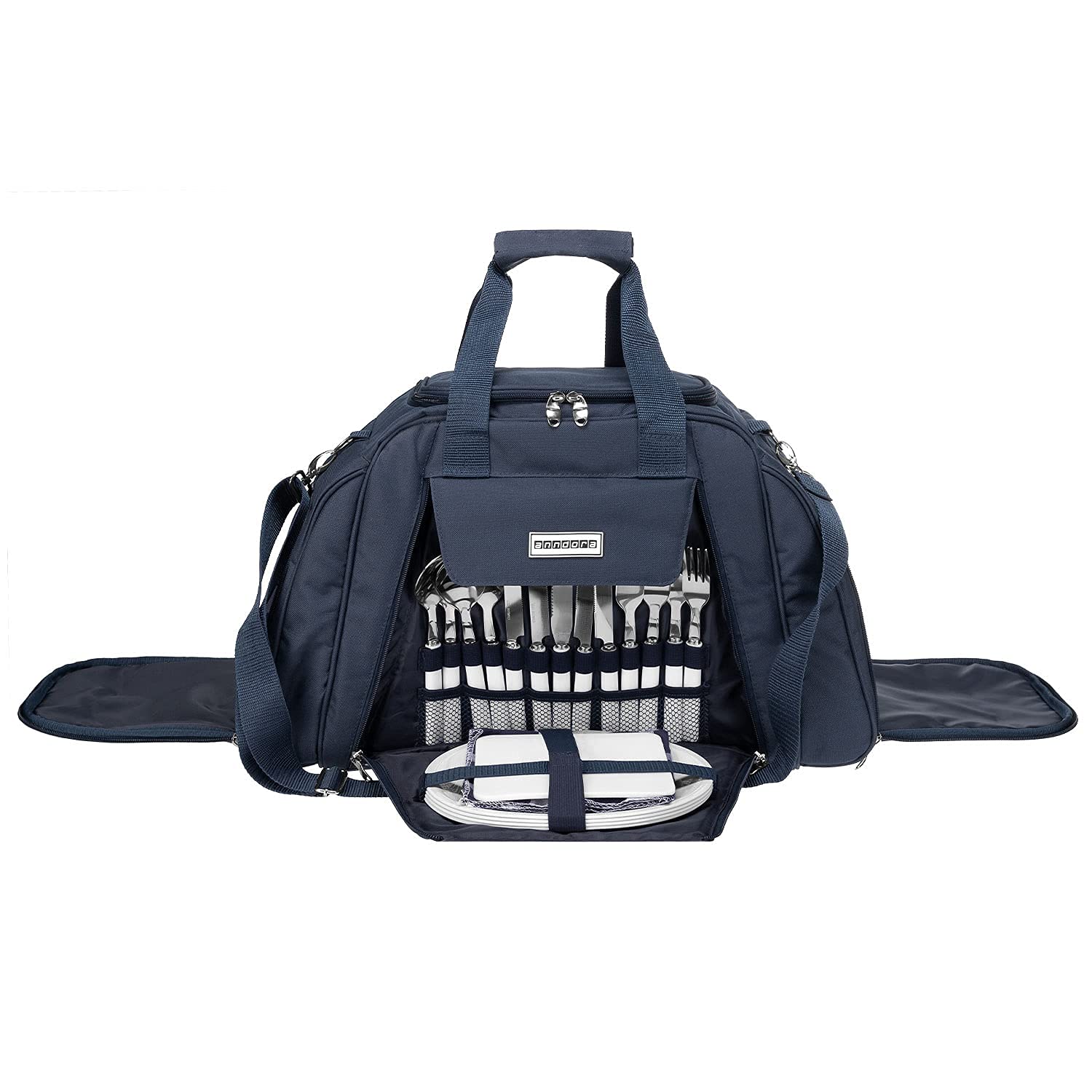 anndora Picknicktasche mit Kühlfach Navy blau weiß gestreift 29 Teile 4 Personen