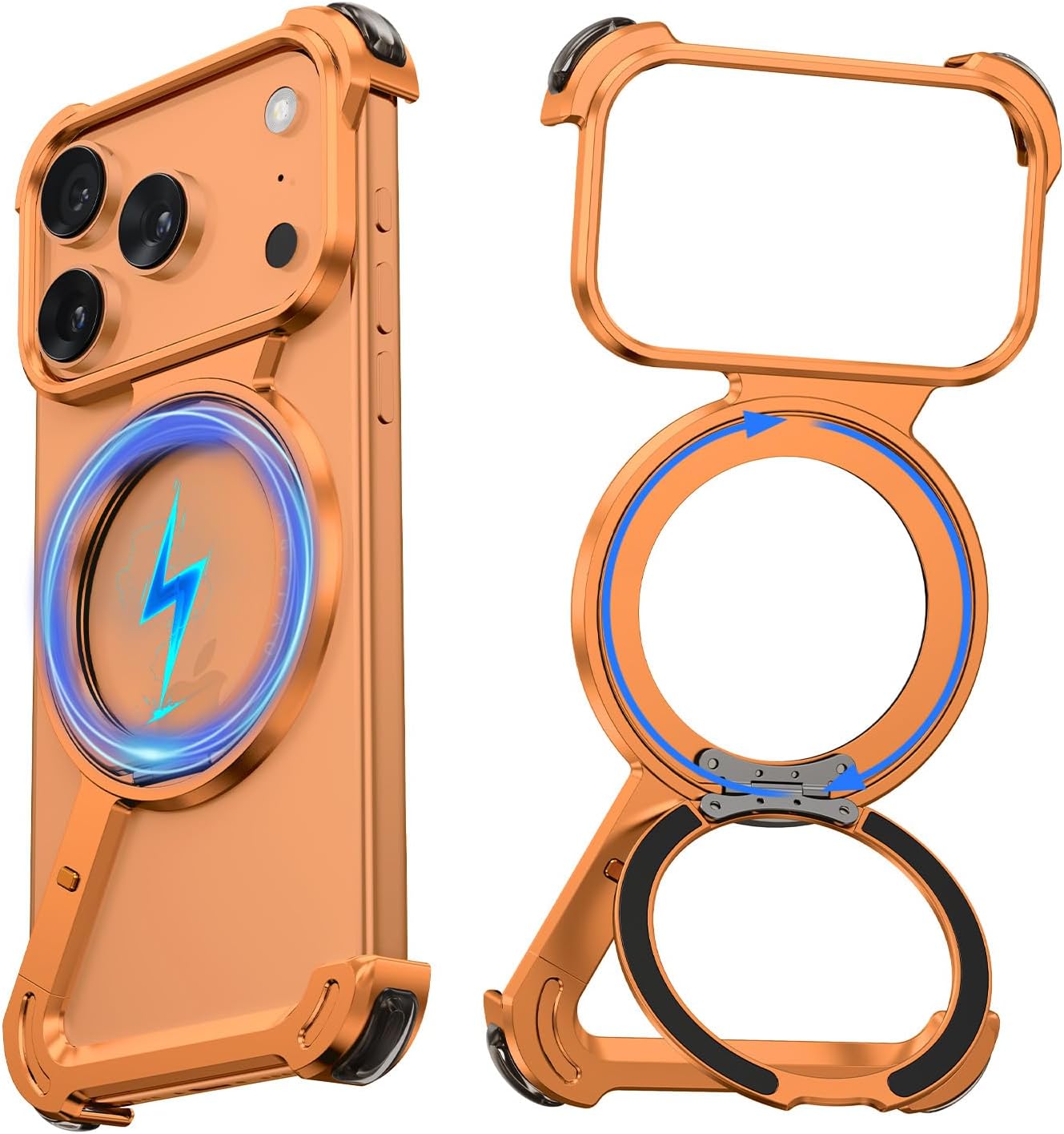 Z Case for iPhone 17 Pro Max Phone Case,Frameless Metal with Ring Stand,360°Rotating Magnetic Kickstand Protective Cover,Slim Shockproof Thin Bumper Cases for iPhone 17 Promax(Orange)