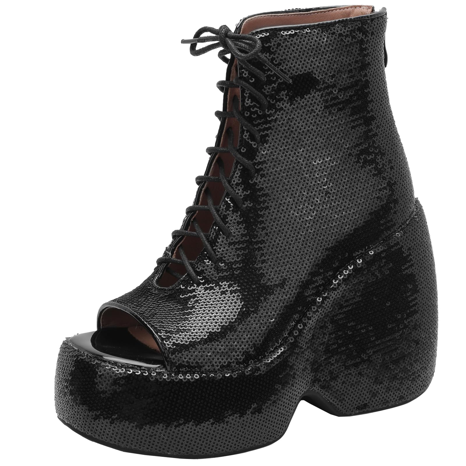 Sequin Ankle Boots Open Toe Platform Ankle Boots with Wedge Heel Lace Up Front and Zip