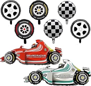 Race Car Balloons, 43 Inch Race Car Birthday Party Decorations, Wheel Tire Foil Balloons, Two Fast Birthday Decorations, Black and White Checkered Balloons, Cars Birthday Party Supplies - Pack of 8