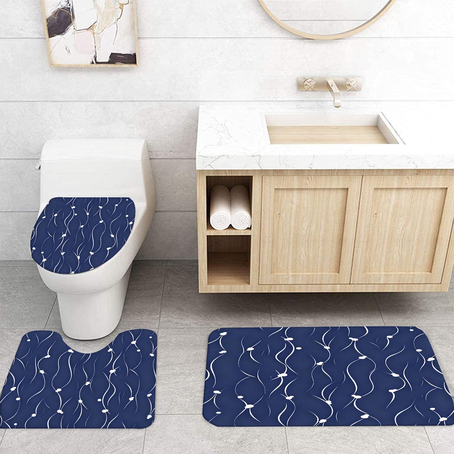 Blue Black Bathroom Sets with Rugs for Bathroom Decor, 72x72 Inches Shower Curtain with Non-Slip Rugs and Accessories, Waterproof Machine Washable Bath Curtain (Curtain Set- Navy Blue Wave) image 5