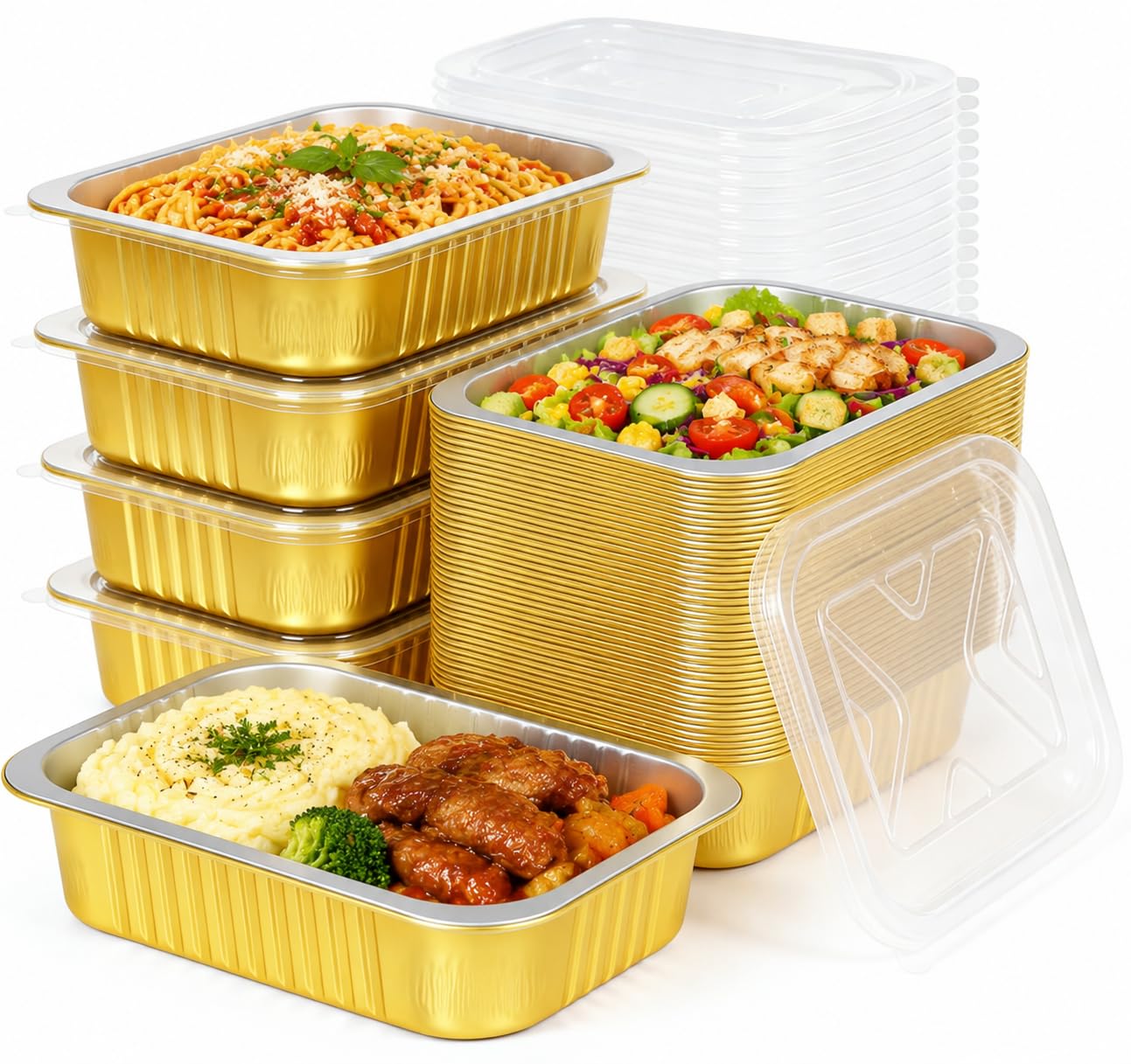 Paquete de 40 sartenes de aluminio resistentes doradas de 8.7 x 6 x 1.8 pulgadas con tapas, recipientes de papel de aluminio de 35 onzas/2.2 libras de capacidad con tapas, sartenes de aluminio