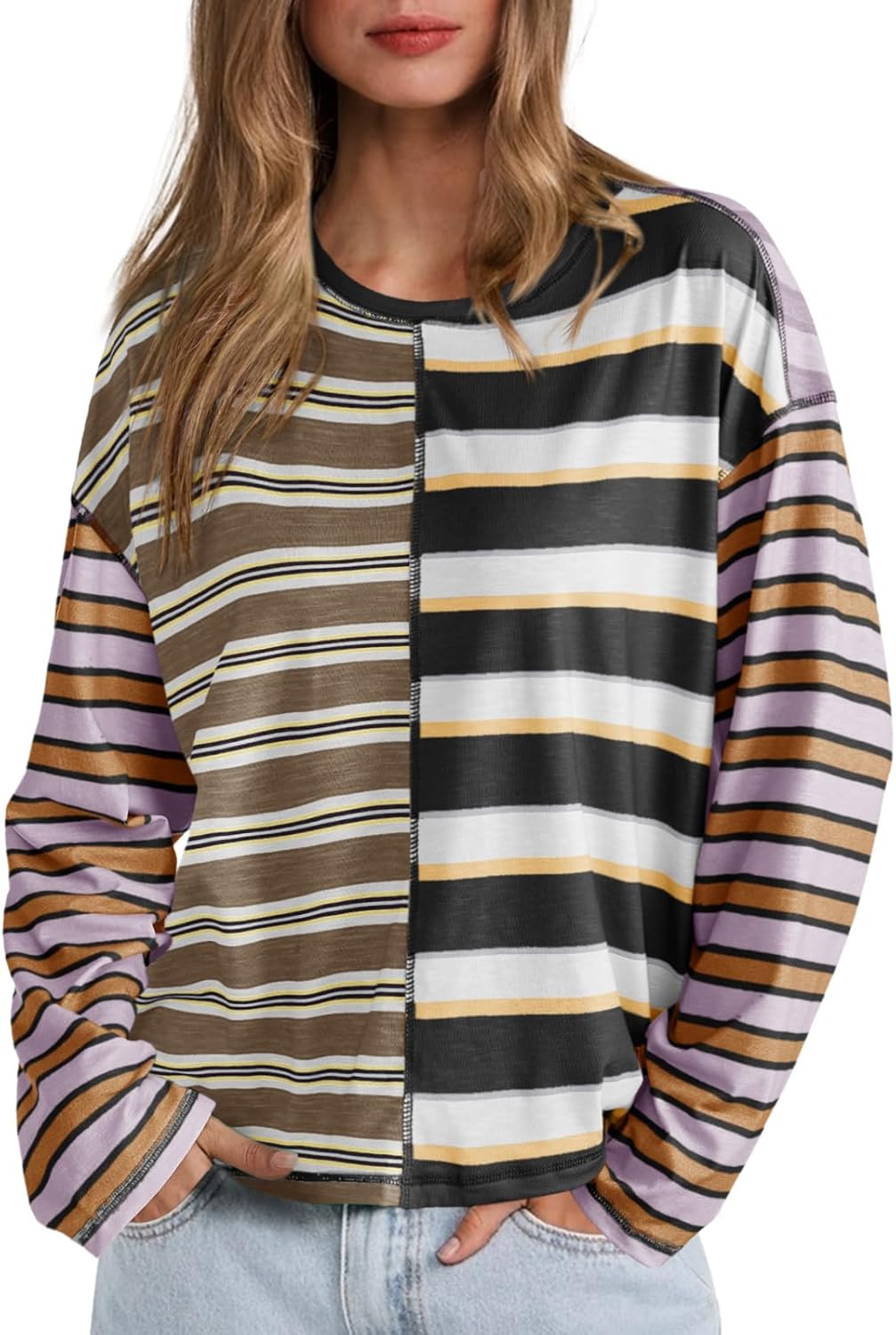 Tankaneo Womens Oversized Striped Shirts Color Block Crew Neck Sweatshirt Casual Loose Fit Long Sleeve Tops
