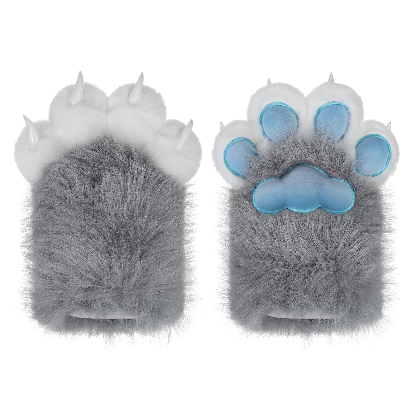 HKSICHENGKEJIUK Cute Cat Paw Gloves Squeaky Furry Cat Claw Mittens Fluffy Faux Fur Animal Paw Hand Gloves for Cosplay Costume Lolita Party Fancy Dress Party Warm Handwear for Women (Grey+Blue)