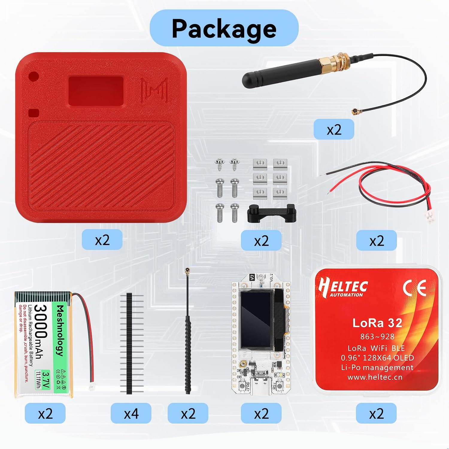 2 Set ESP32 LoRa V3 Development Board with 915MHz Antenna + 3000mAh Battery + Meshtastic Case, ESP32-S3 SX1262 Integrated WiFi Bluetooth OLED Display for Arduino LoRaWAN IOT (N32, Red)