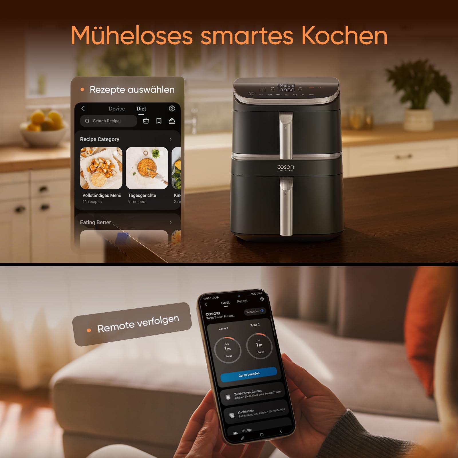 COSORI Turbo Tower Pro Smart Airfryer 10,8L Keramikbeschichtung Heißluftfritteuse DualBlaze-Technologie WLAN-Steuerung Silbergrau