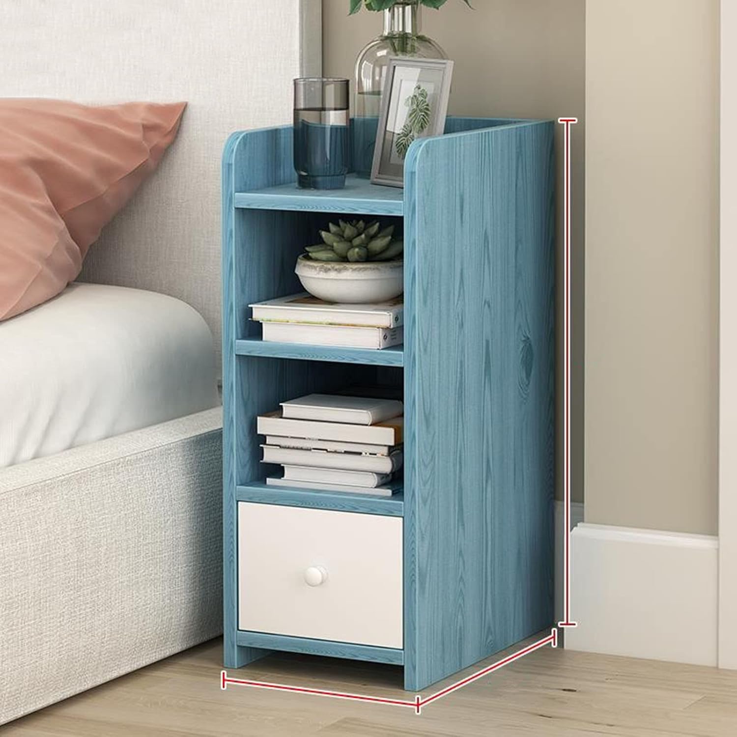 Bedroom Bedside Table with Drawer and Open Shelf Modern Wooden Crevice Storage Cabinet for Living Room Furniture,Hand Assembled Nightstand (Blue 22 * 32 * 55cm)