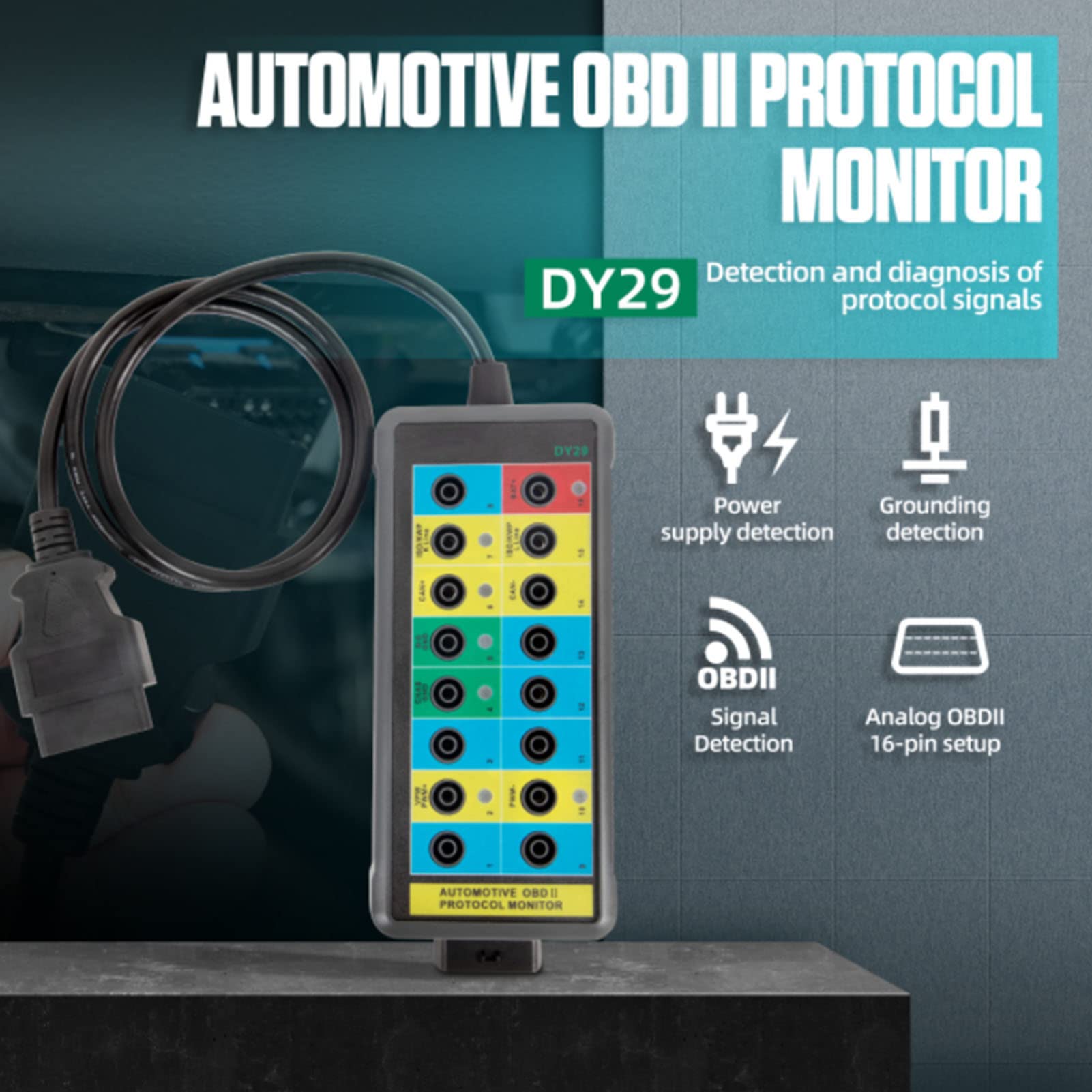 Qiilu 16-poliger OBD2-Breakout-Box OBDII-Protokolldetektor Schnelle Erkennung und einfacher Zugriff auf Überwachungssignale Diagnoseprotokolldetektor OBDII-Schnittstelle für Fahrzeuge