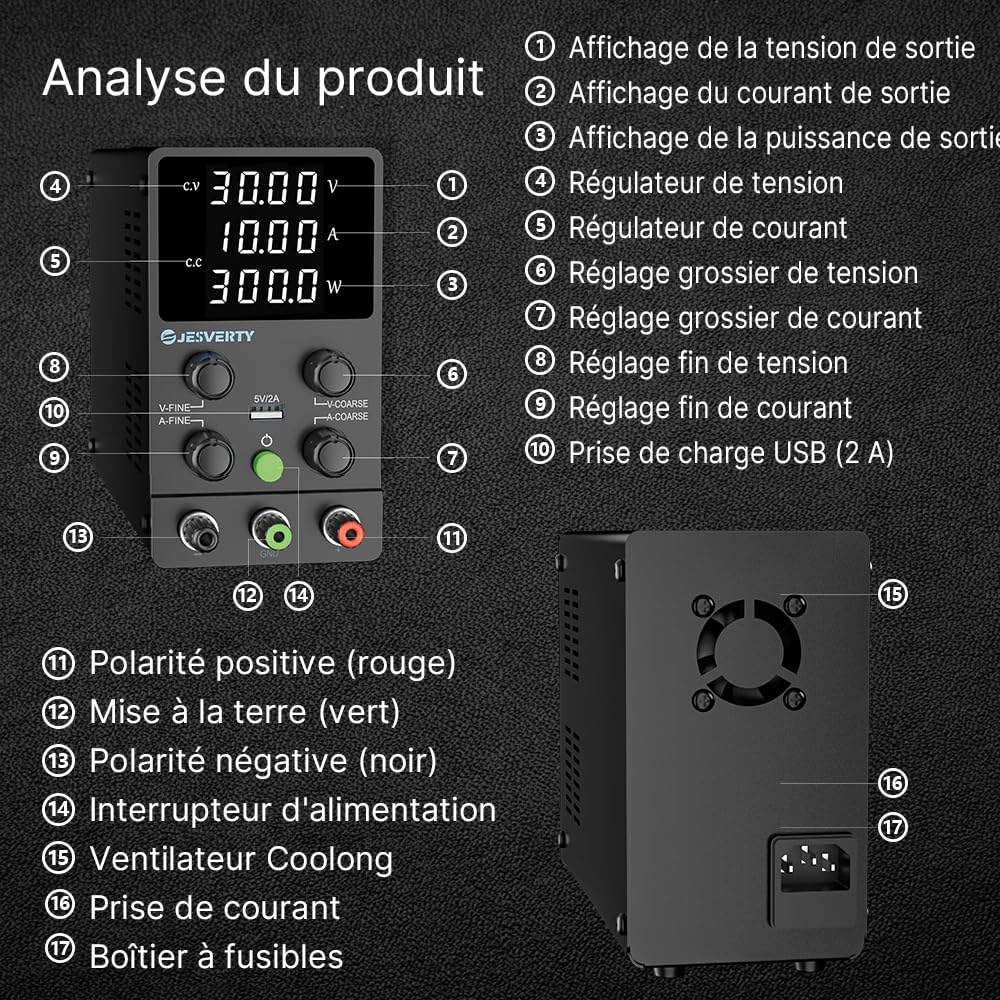 Alimentation DC Variable, 30V 10A Régulable à Commutation Réglable DC Banc Alimentation Linéaire avec Affichage LED à 4 Chiffres de Haute Précision, Port USB 5V/2A, Réglages Grossiers et Fins