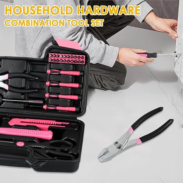 General Household Hand Tool Kit 39Pcs Home Repair Tool Set Pink Tool Kit Box Drill Set Multifunctional Home Tool Kit Set Portable Auto Repair Tool Kit with Plastic Toolbox Hand Tool Set for DIY Repair - 4